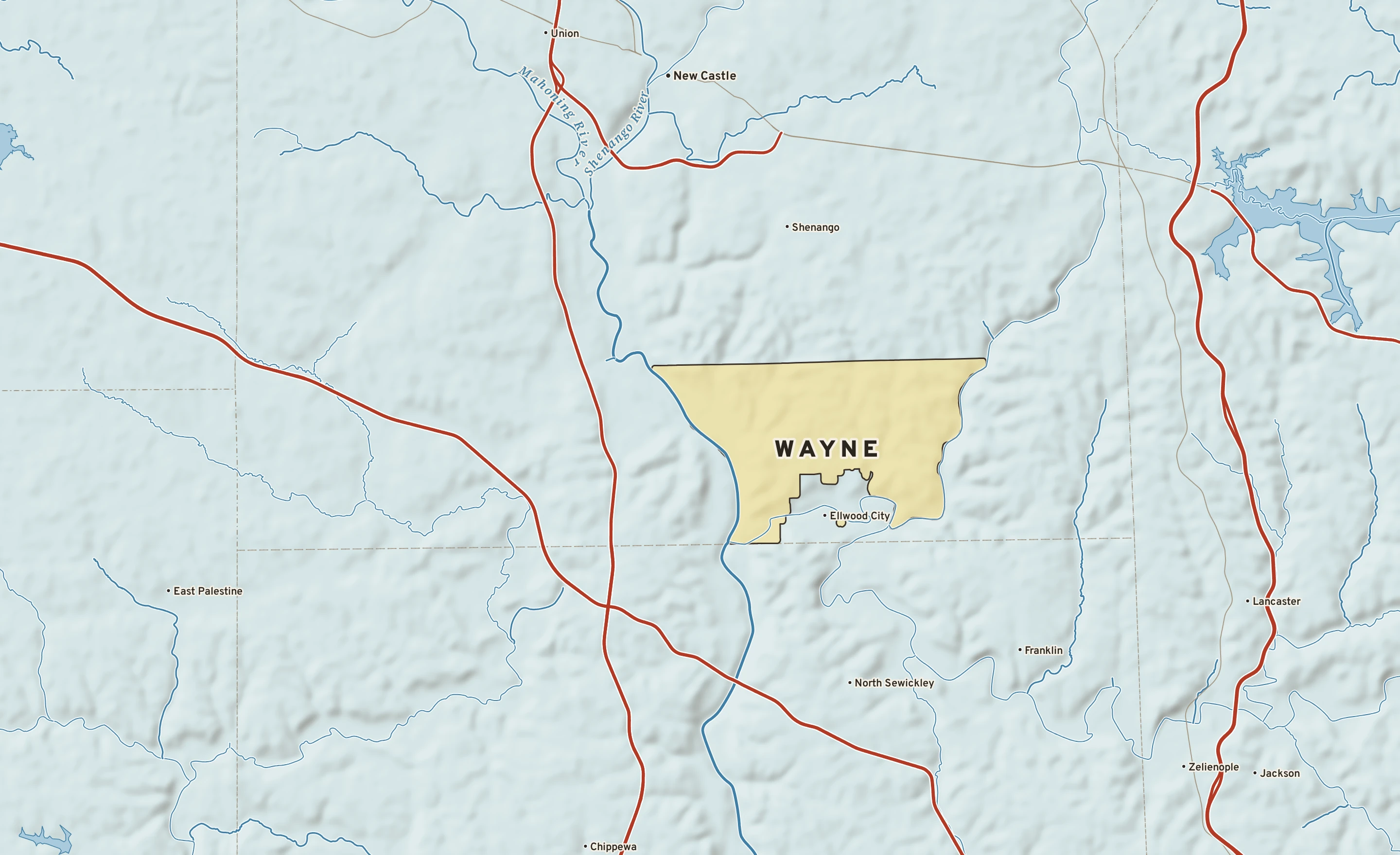 Shaded-relief atlas plate of Wayne, Pennsylvania: rivers, roads, the city limits and where the water drains.