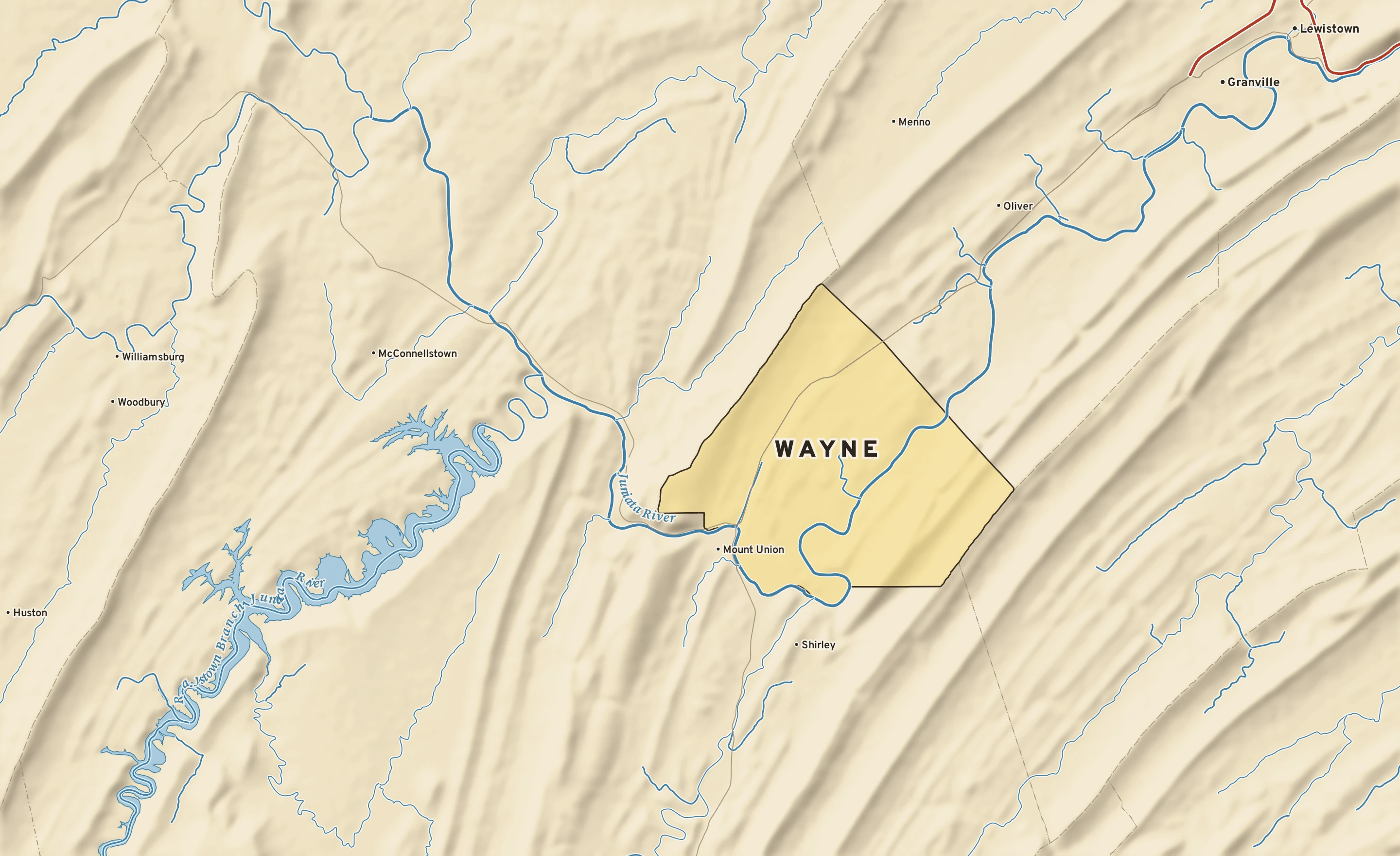 Shaded-relief atlas plate of Wayne, Pennsylvania: rivers, roads, the city limits and where the water drains.