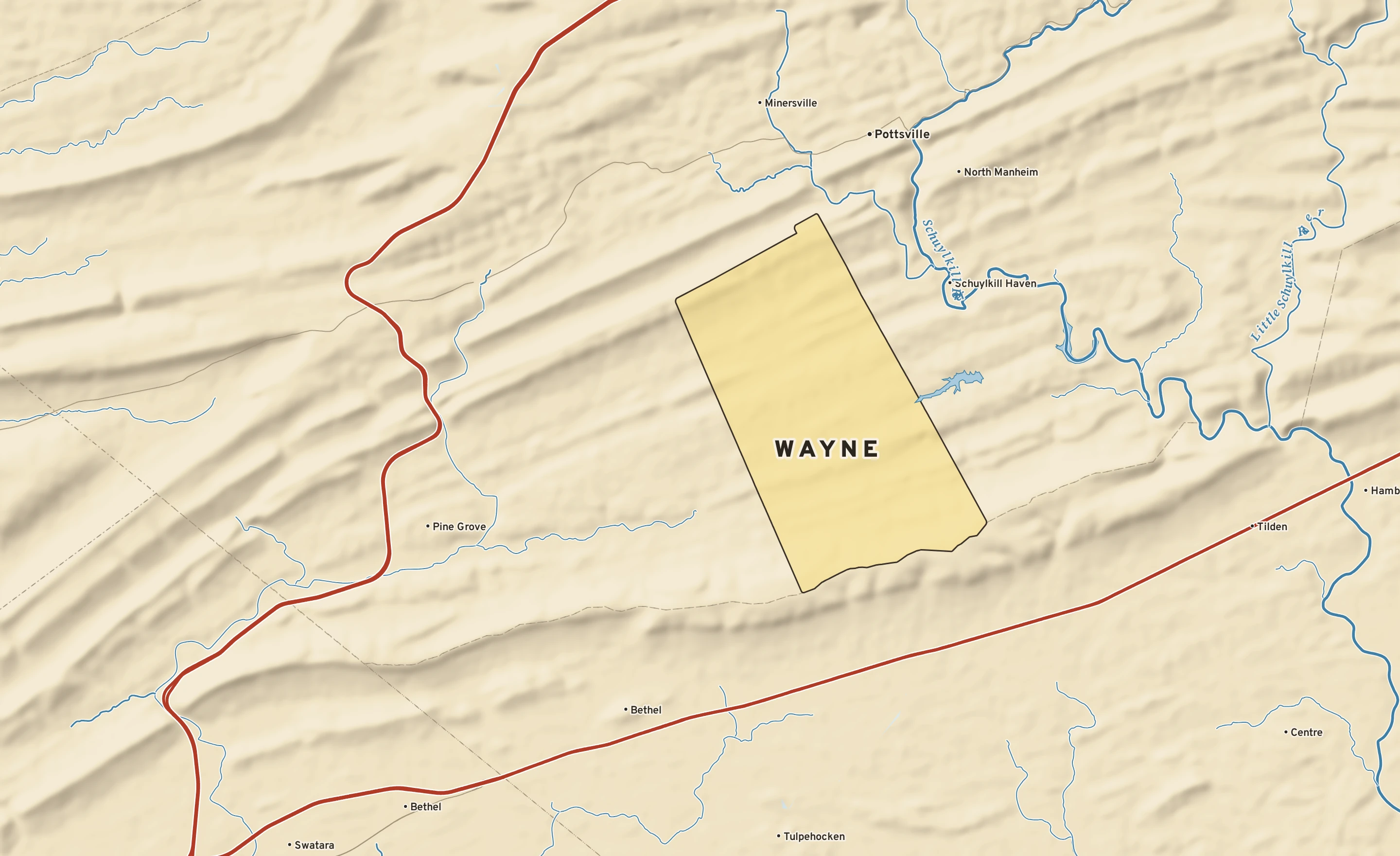 Shaded-relief atlas plate of Wayne, Pennsylvania: rivers, roads, the city limits and where the water drains.