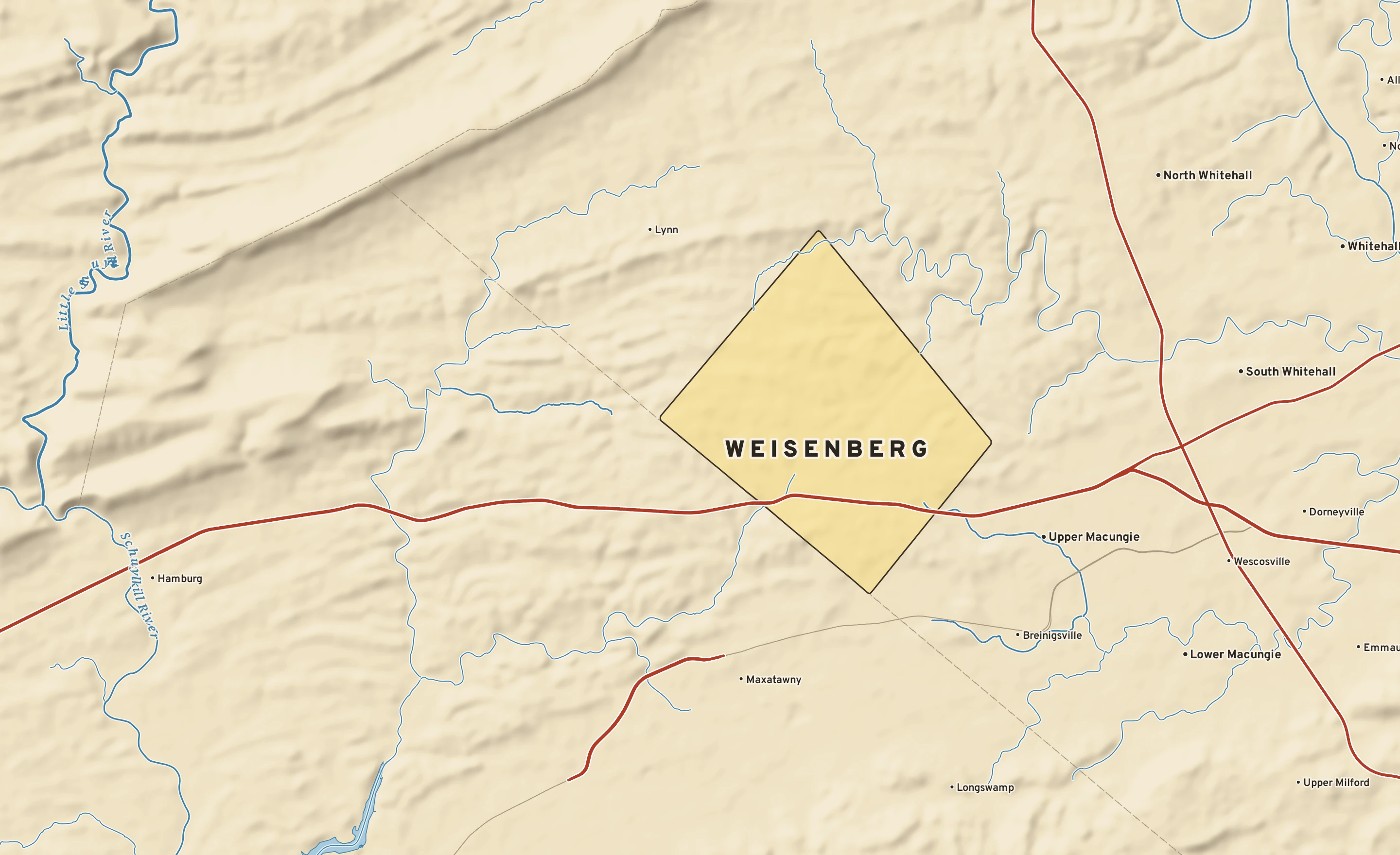 Shaded-relief atlas plate of Weisenberg, Pennsylvania: rivers, roads, the city limits and where the water drains.