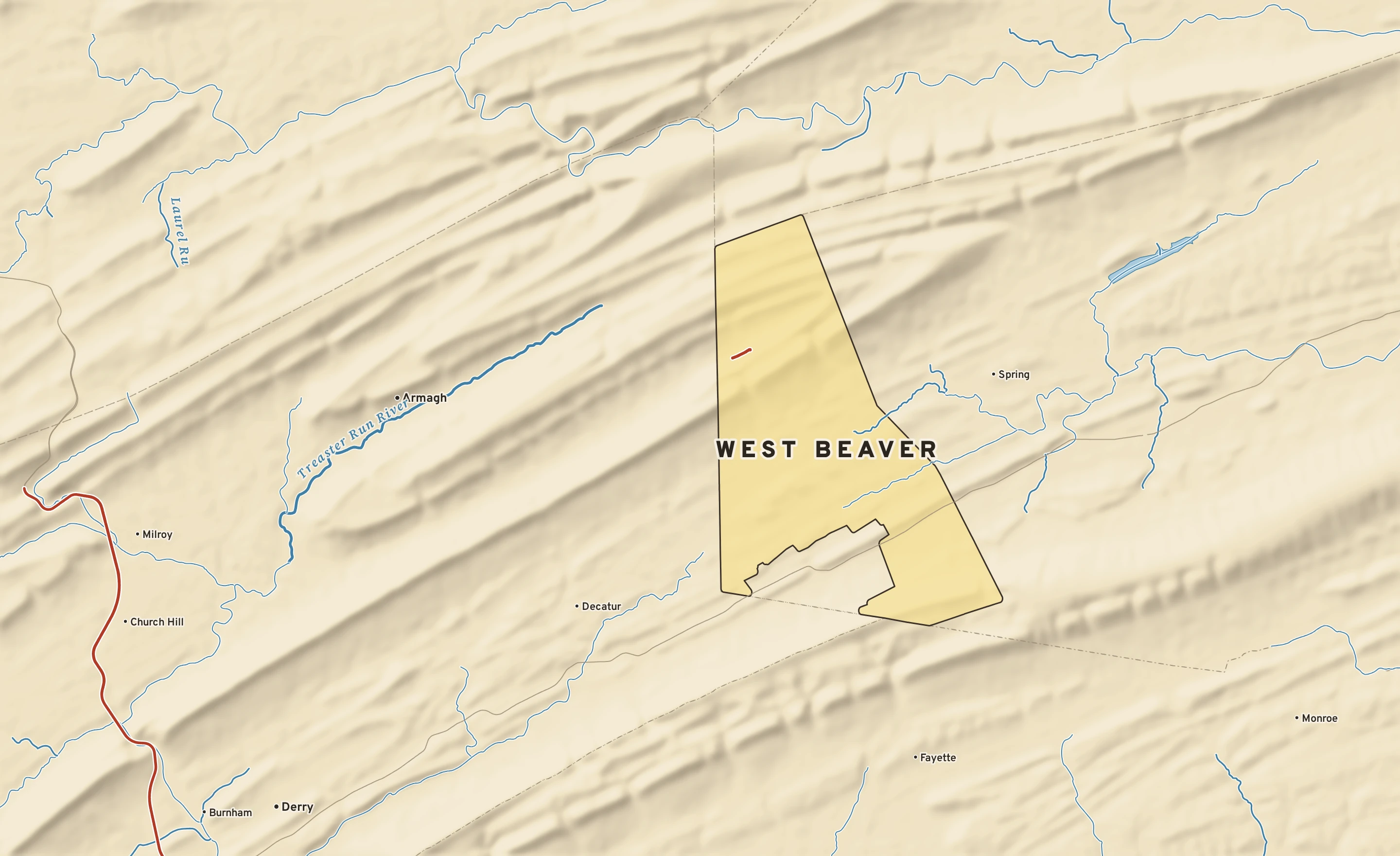 Shaded-relief atlas plate of West Beaver, Pennsylvania: rivers, roads, the city limits and where the water drains.