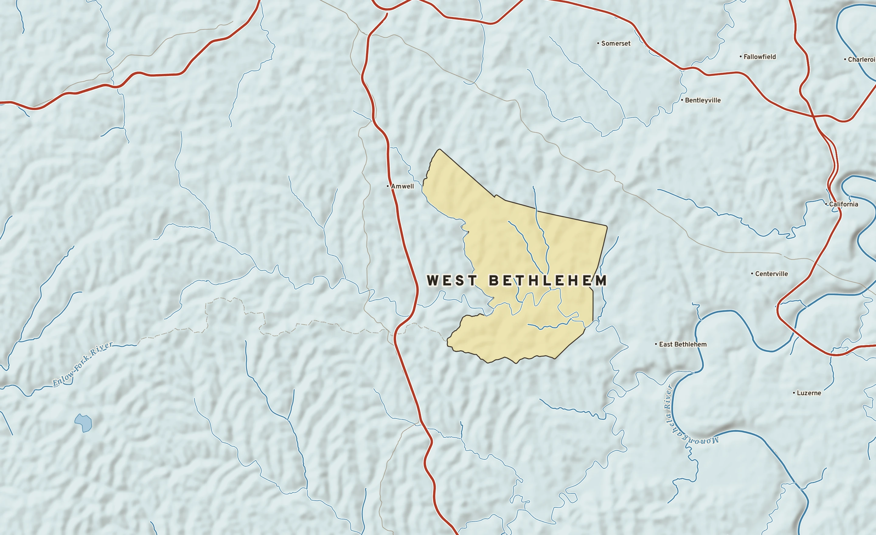 Shaded-relief atlas plate of West Bethlehem, Pennsylvania: rivers, roads, the city limits and where the water drains.