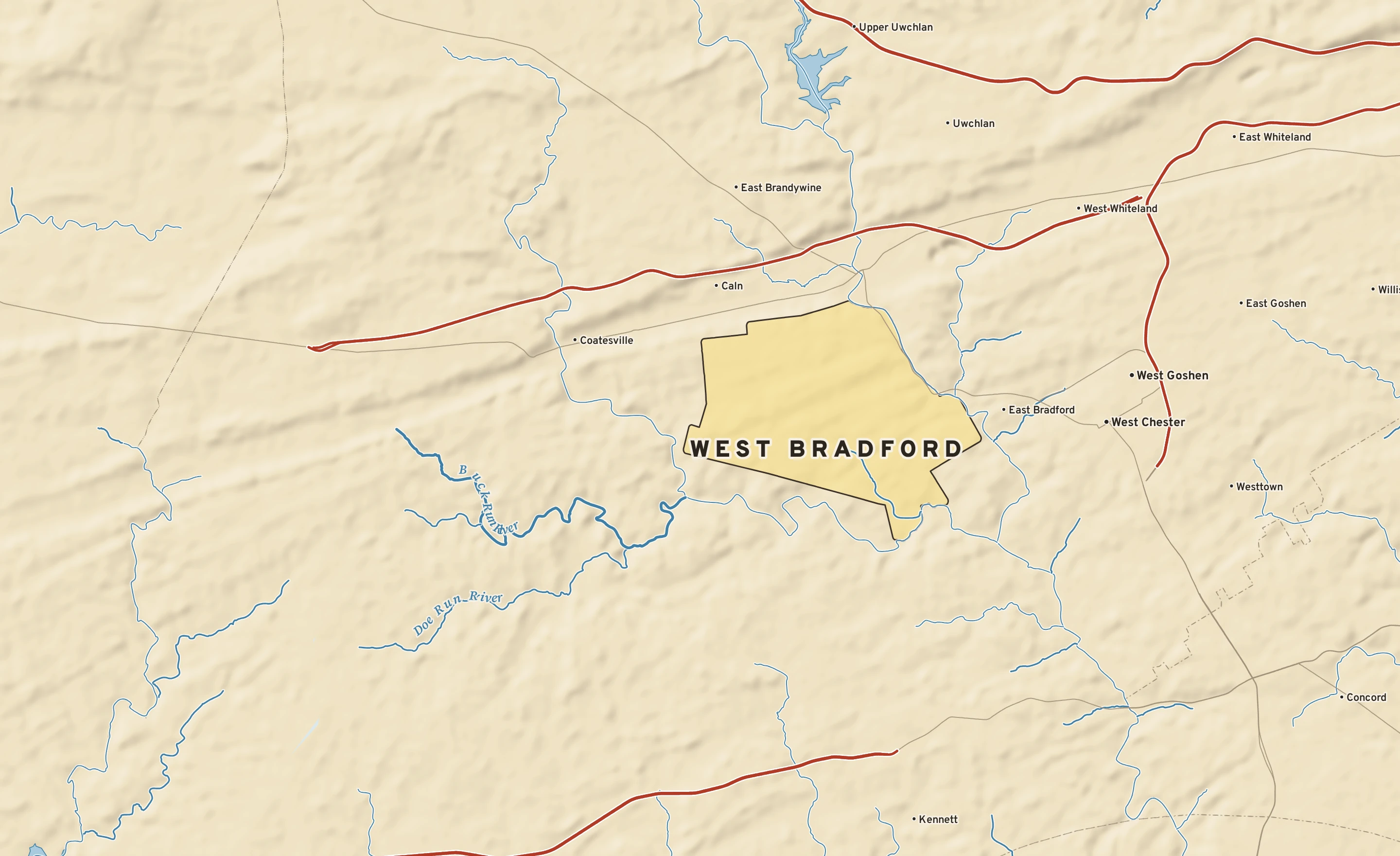 Shaded-relief atlas plate of West Bradford, Pennsylvania: rivers, roads, the city limits and where the water drains.