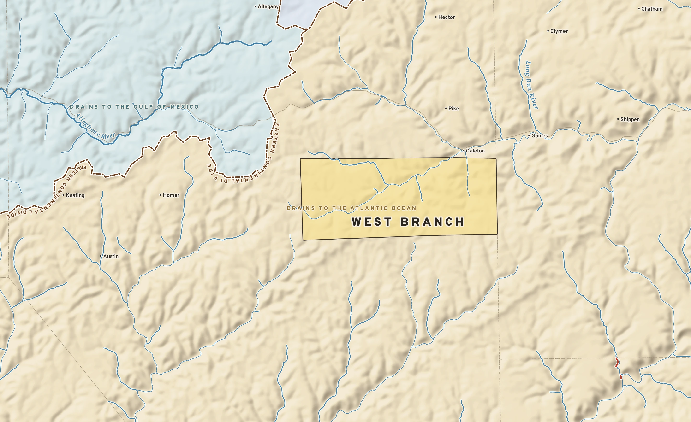 Shaded-relief atlas plate of West Branch, Pennsylvania: rivers, roads, the city limits and where the water drains.