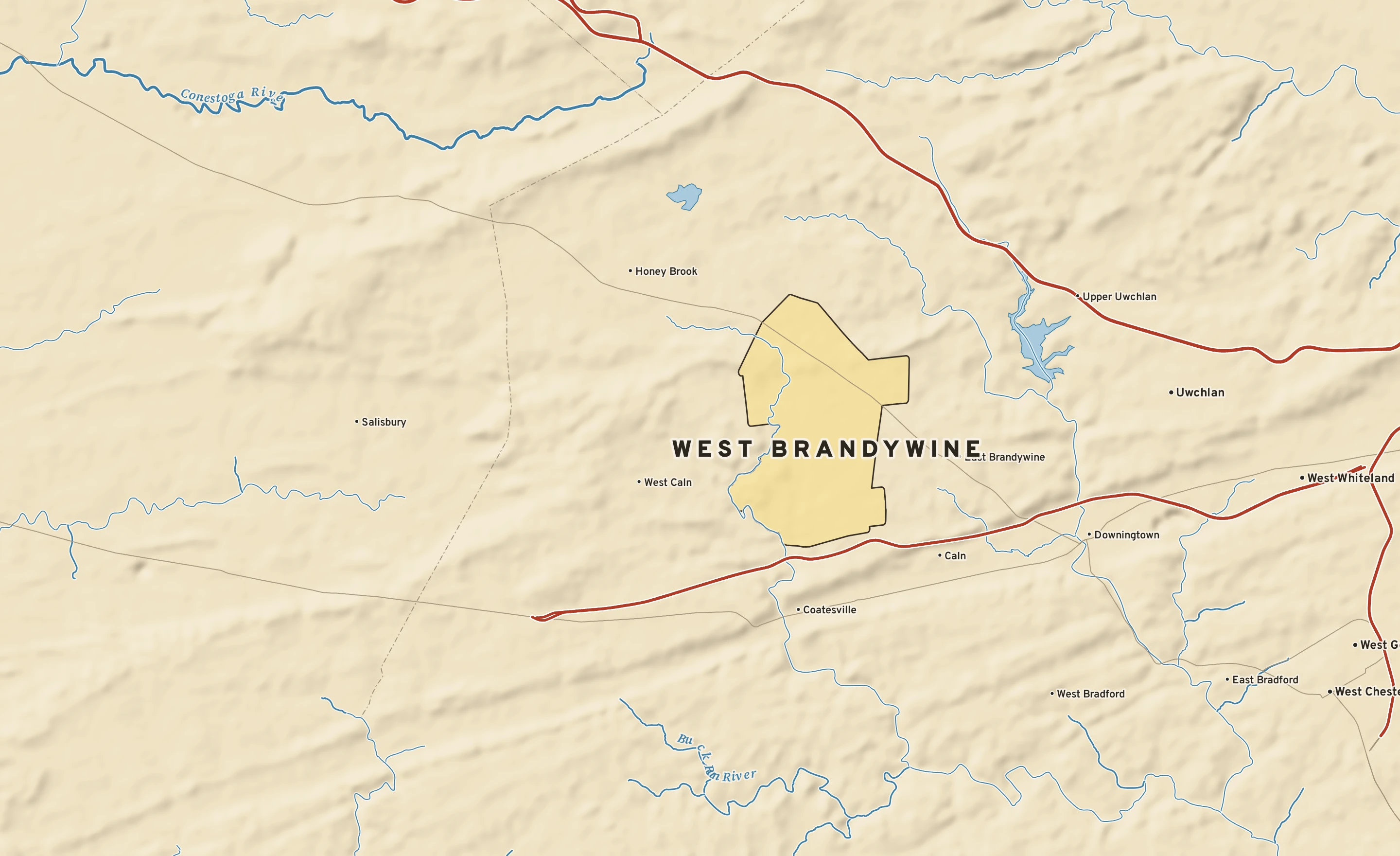 Shaded-relief atlas plate of West Brandywine, Pennsylvania: rivers, roads, the city limits and where the water drains.