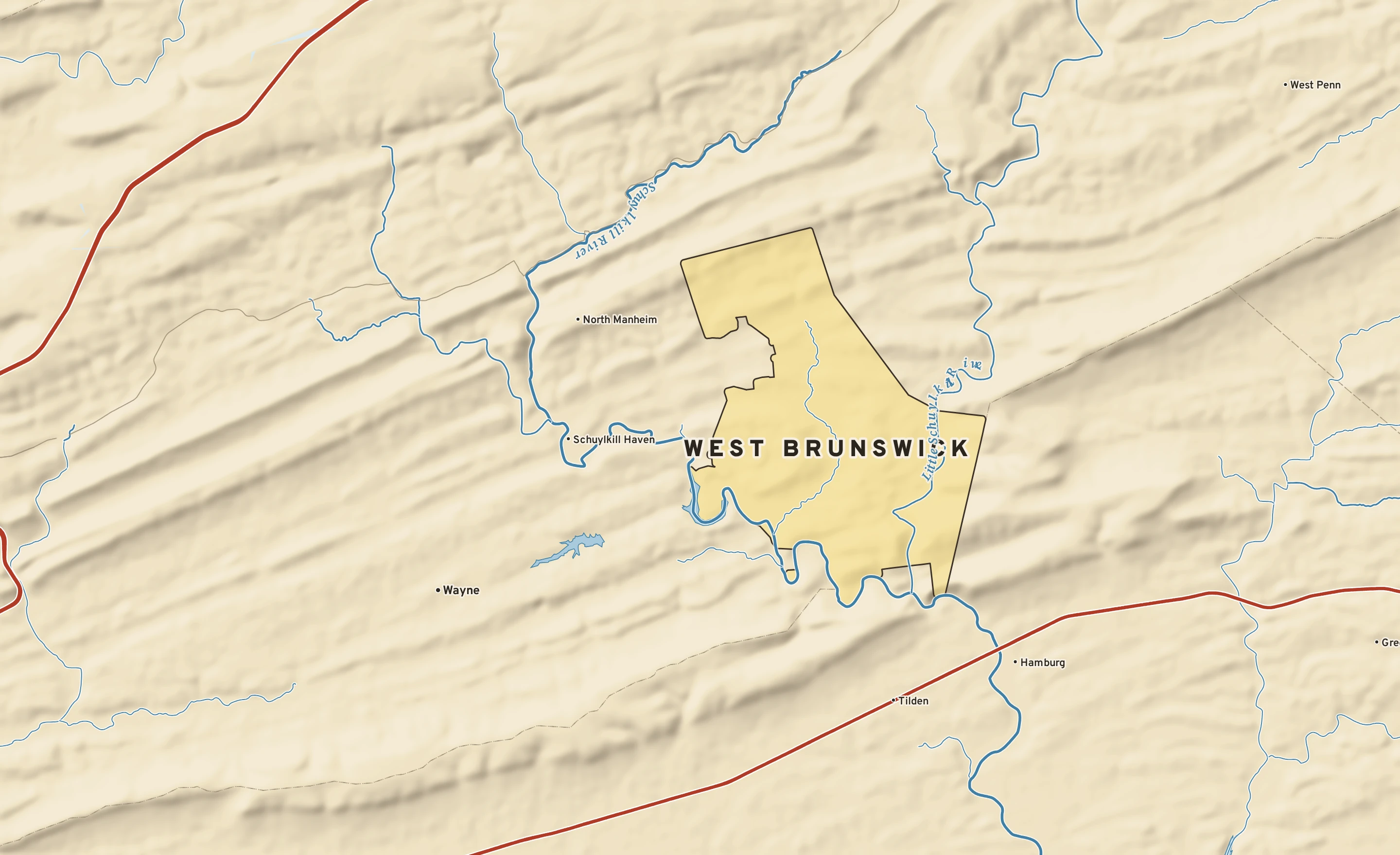 Shaded-relief atlas plate of West Brunswick, Pennsylvania: rivers, roads, the city limits and where the water drains.