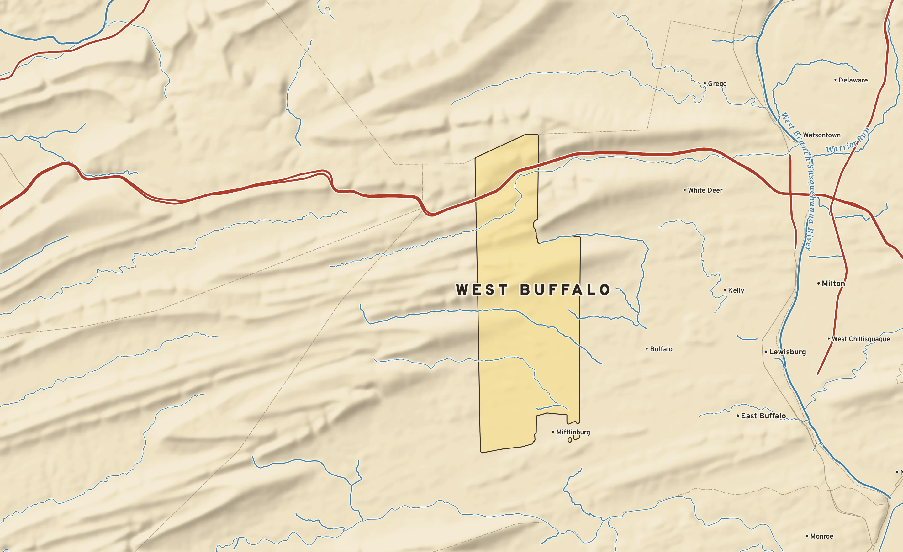 Shaded-relief atlas plate of West Buffalo, Pennsylvania: rivers, roads, the city limits and where the water drains.