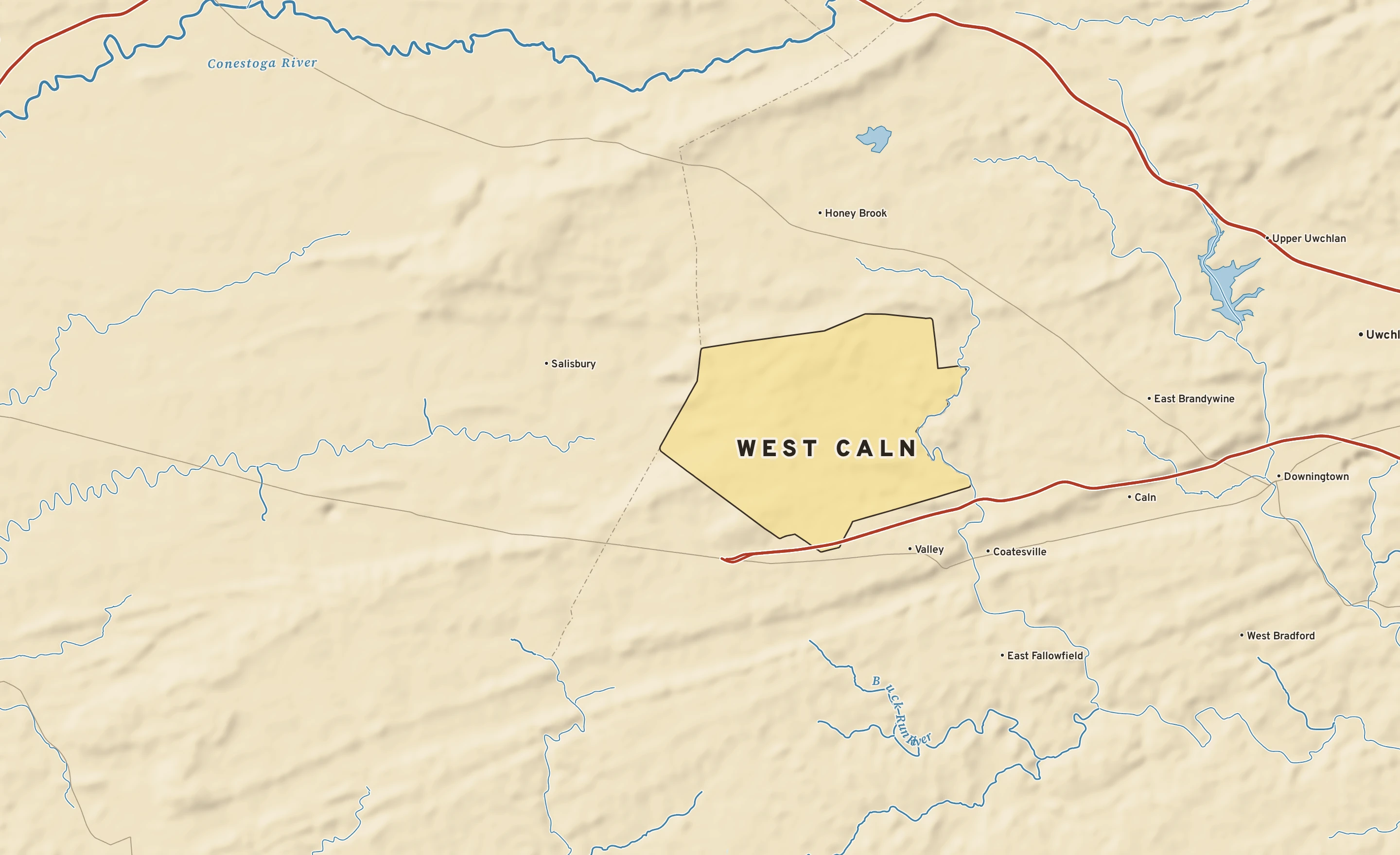 Shaded-relief atlas plate of West Caln, Pennsylvania: rivers, roads, the city limits and where the water drains.