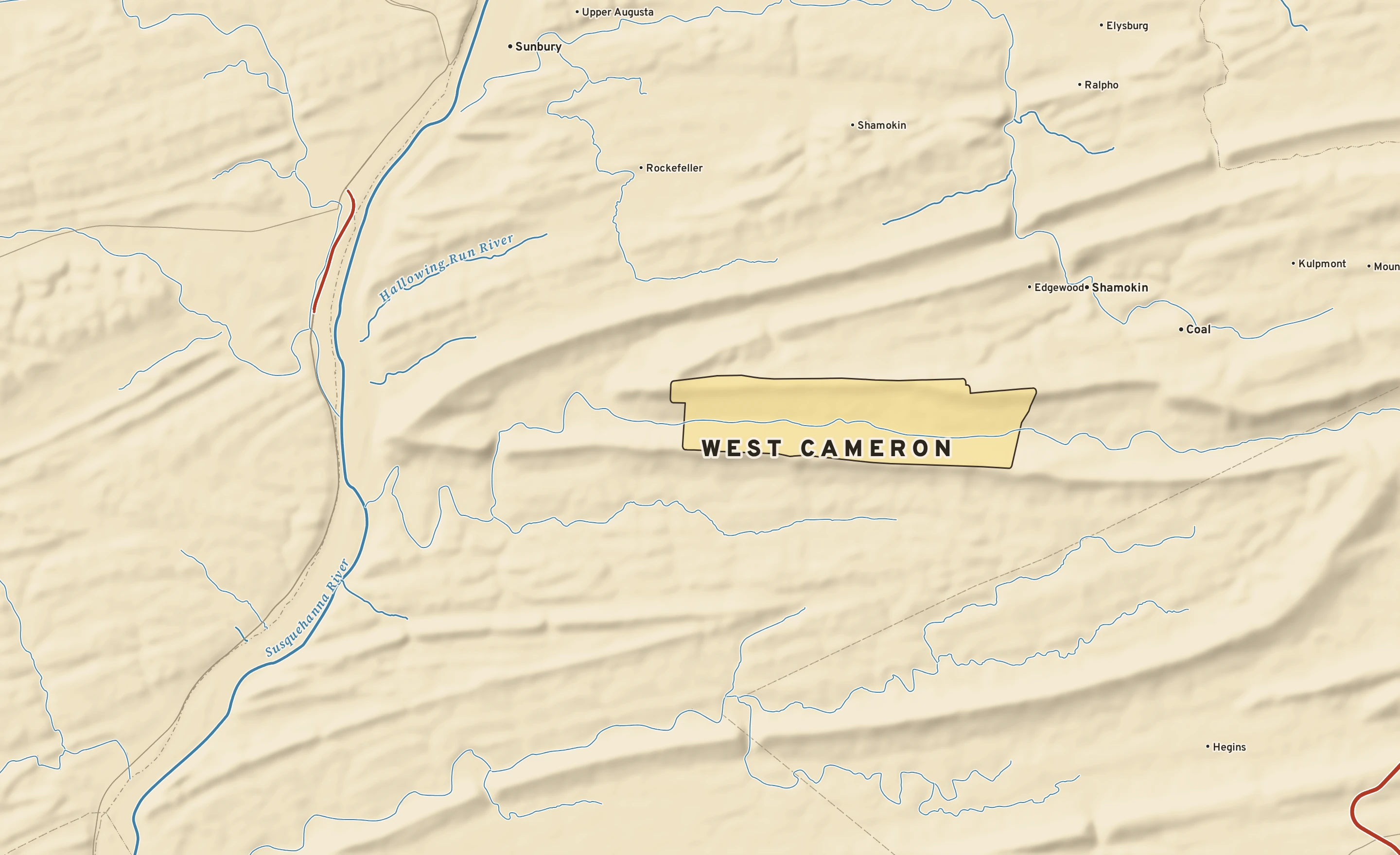 Shaded-relief atlas plate of West Cameron, Pennsylvania: rivers, roads, the city limits and where the water drains.