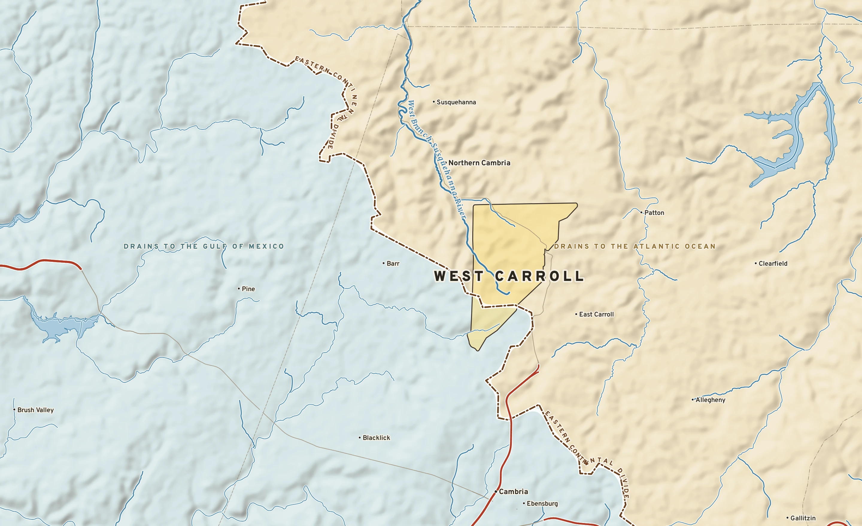 Shaded-relief atlas plate of West Carroll, Pennsylvania: rivers, roads, the city limits and where the water drains.