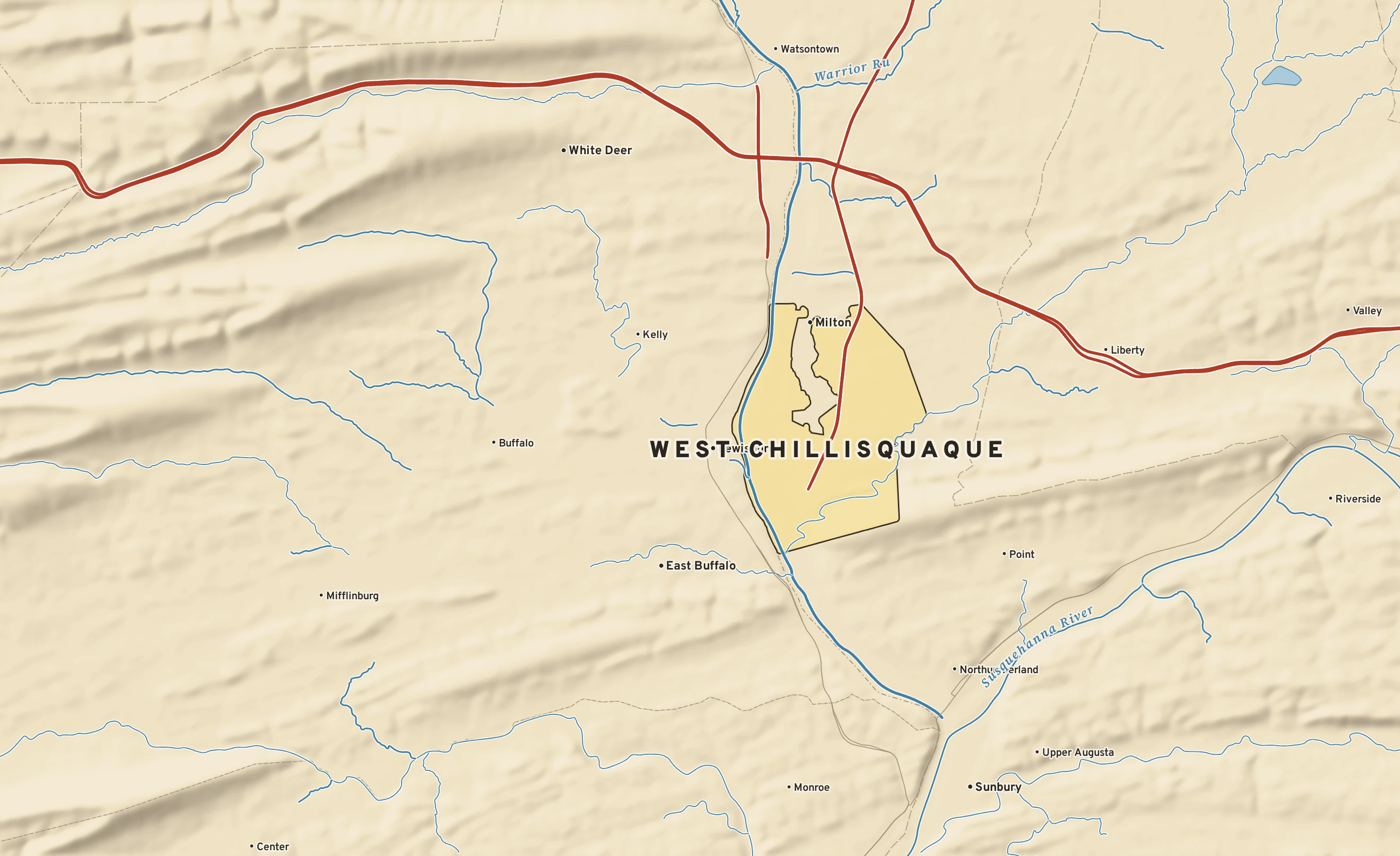 Shaded-relief atlas plate of West Chillisquaque, Pennsylvania: rivers, roads, the city limits and where the water drains.