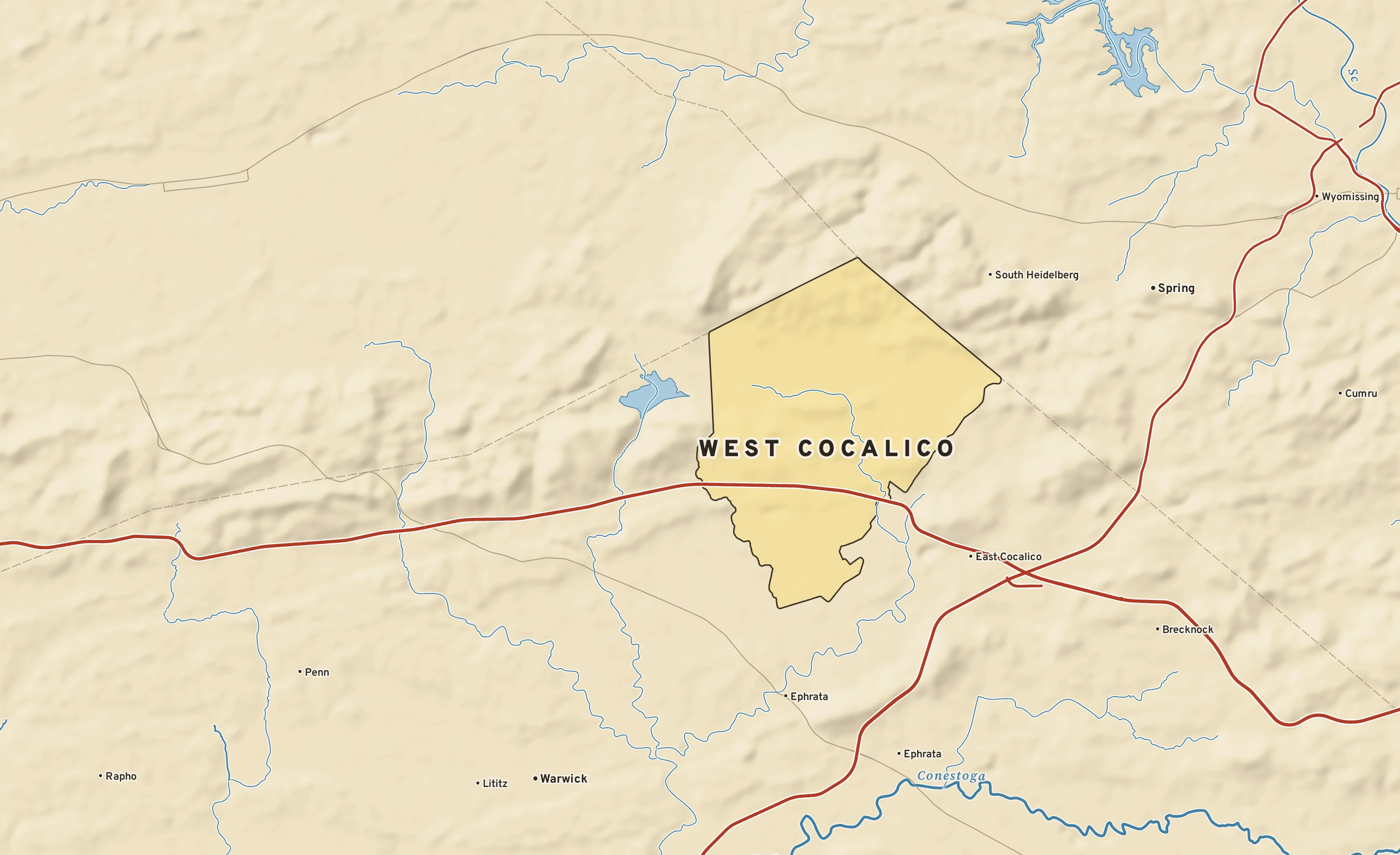Shaded-relief atlas plate of West Cocalico, Pennsylvania: rivers, roads, the city limits and where the water drains.