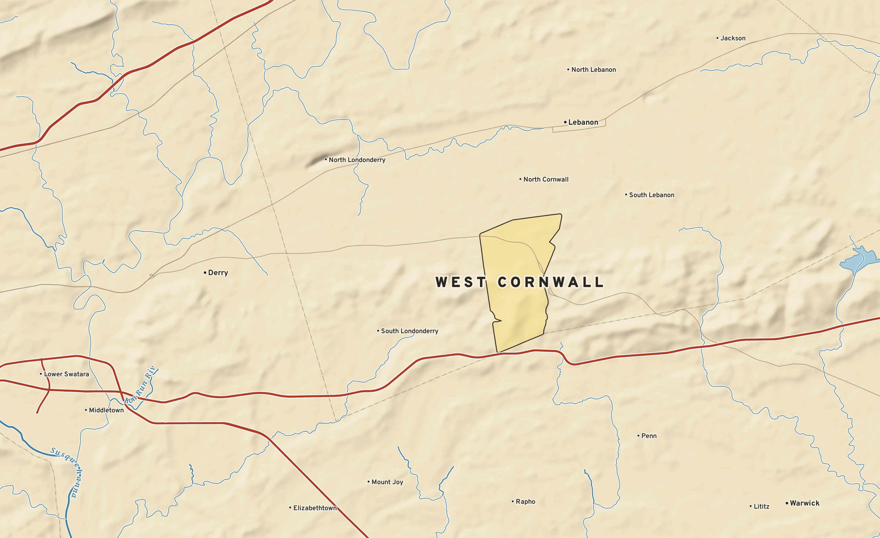 Shaded-relief atlas plate of West Cornwall, Pennsylvania: rivers, roads, the city limits and where the water drains.