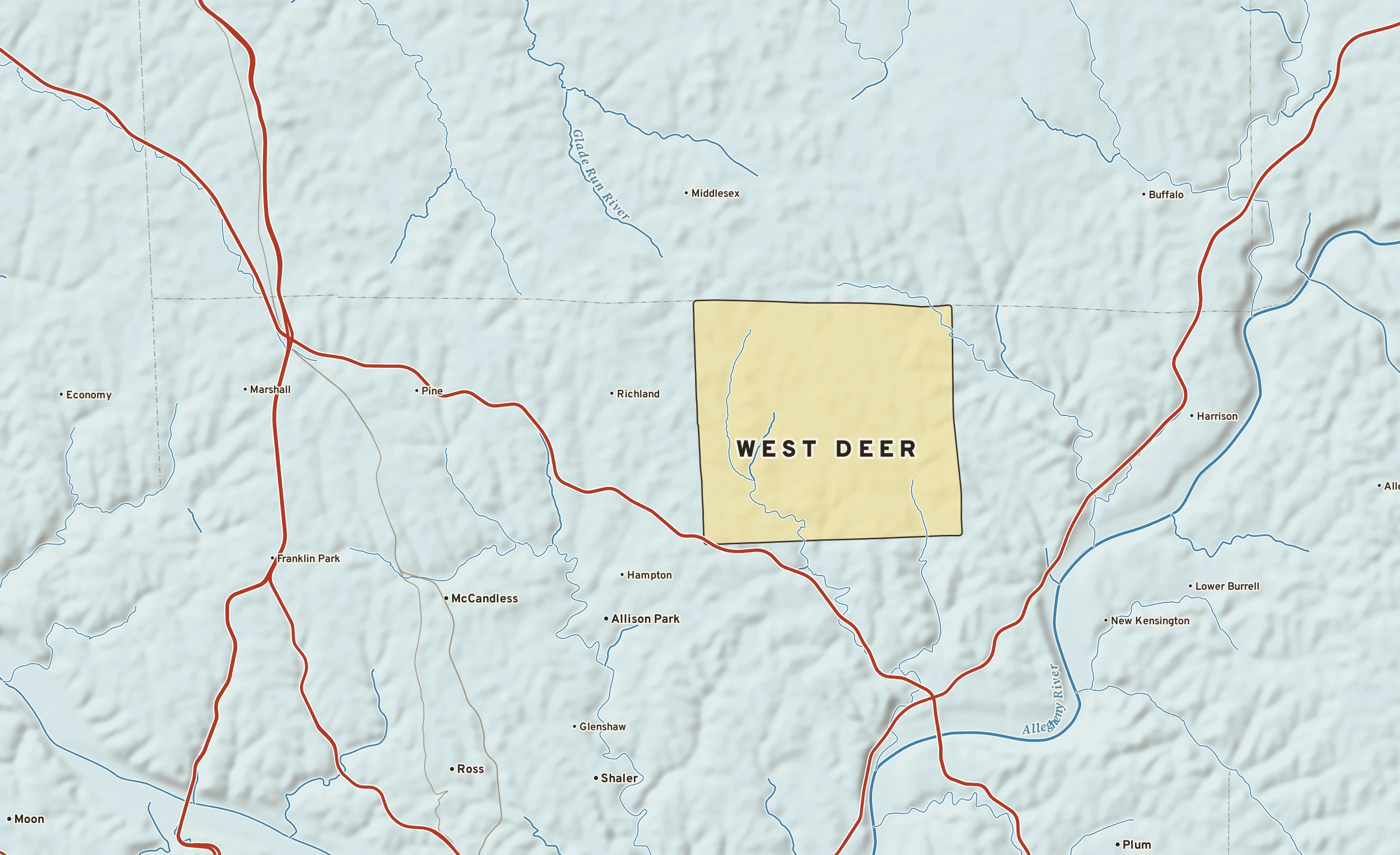 Shaded-relief atlas plate of West Deer, Pennsylvania: rivers, roads, the city limits and where the water drains.