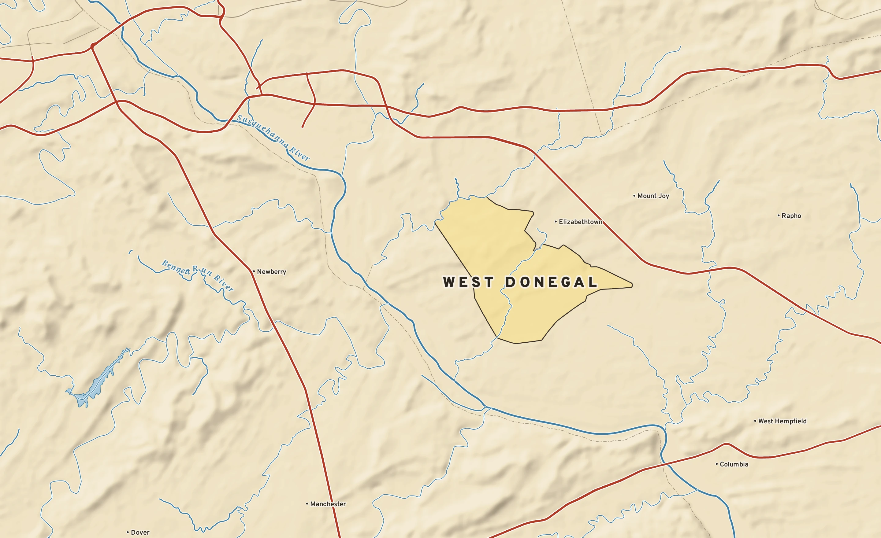 Shaded-relief atlas plate of West Donegal, Pennsylvania: rivers, roads, the city limits and where the water drains.