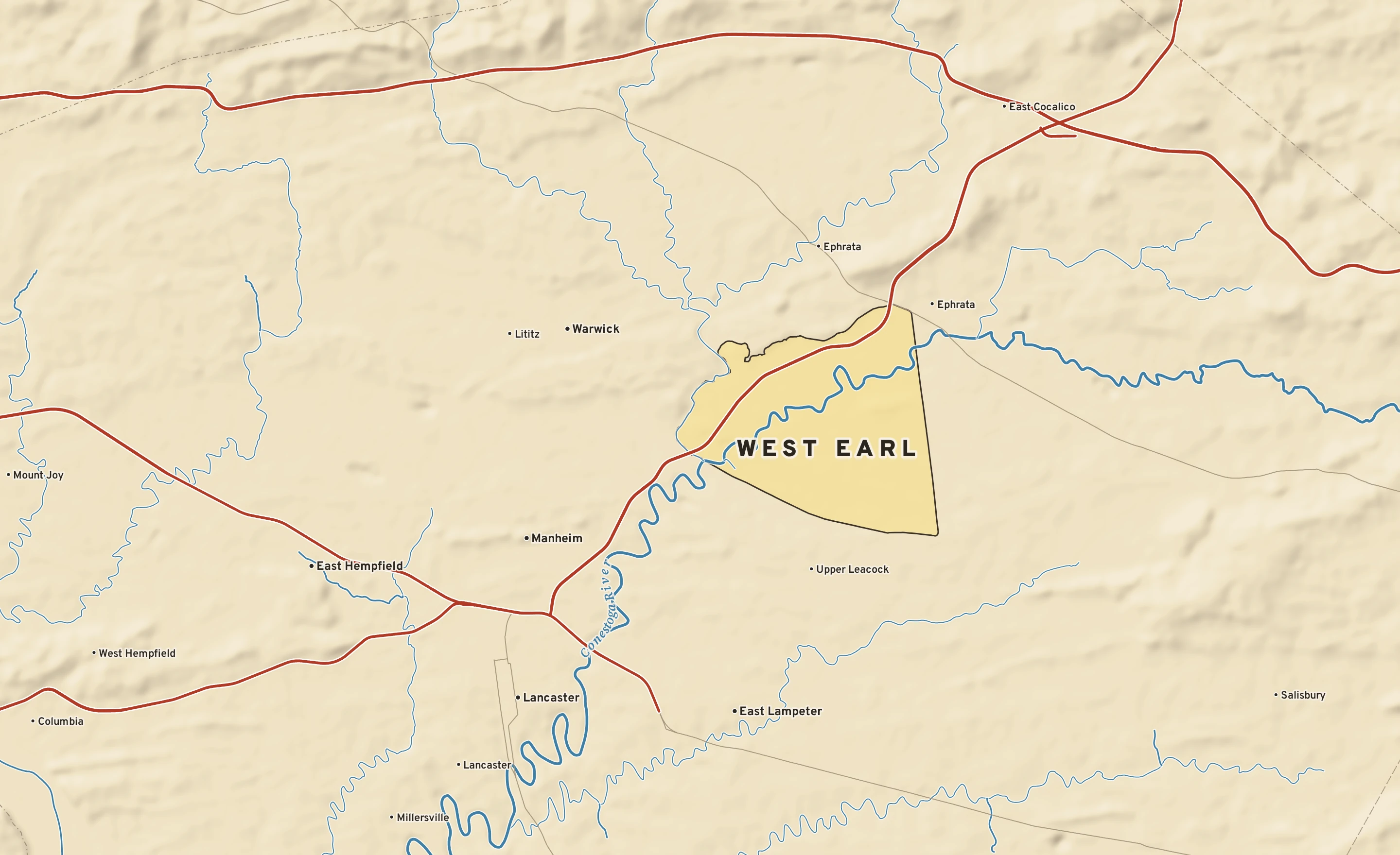 Shaded-relief atlas plate of West Earl, Pennsylvania: rivers, roads, the city limits and where the water drains.