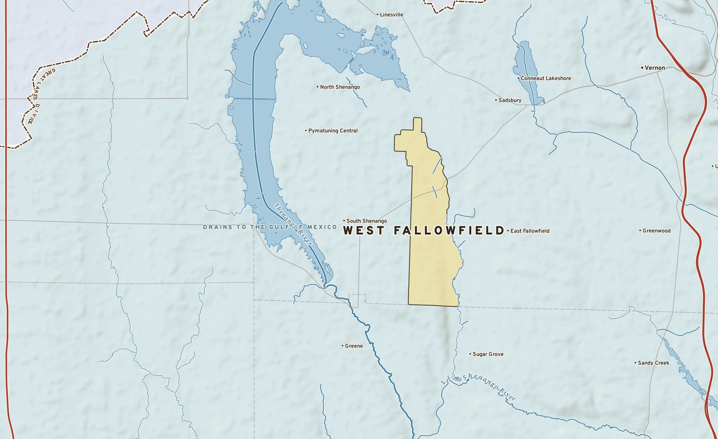 Shaded-relief atlas plate of West Fallowfield, Pennsylvania: rivers, roads, the city limits and where the water drains.