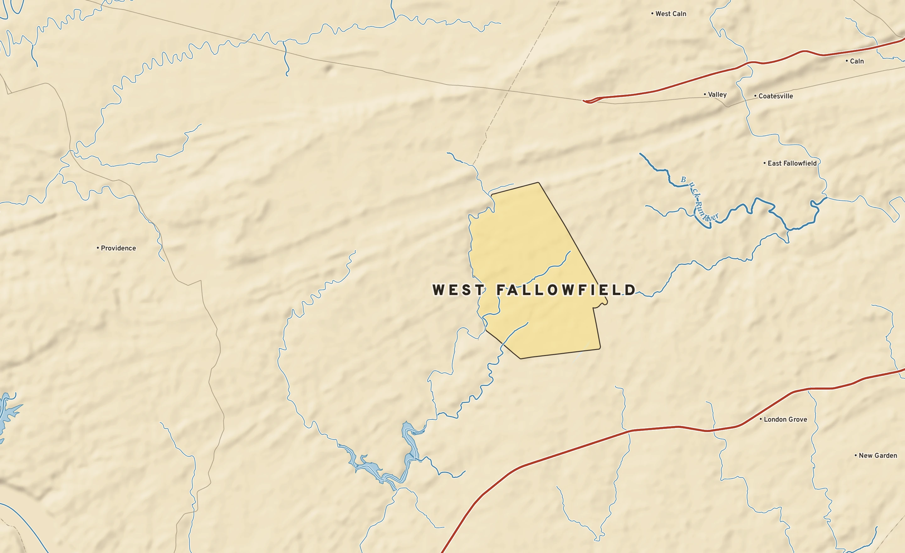 Shaded-relief atlas plate of West Fallowfield, Pennsylvania: rivers, roads, the city limits and where the water drains.