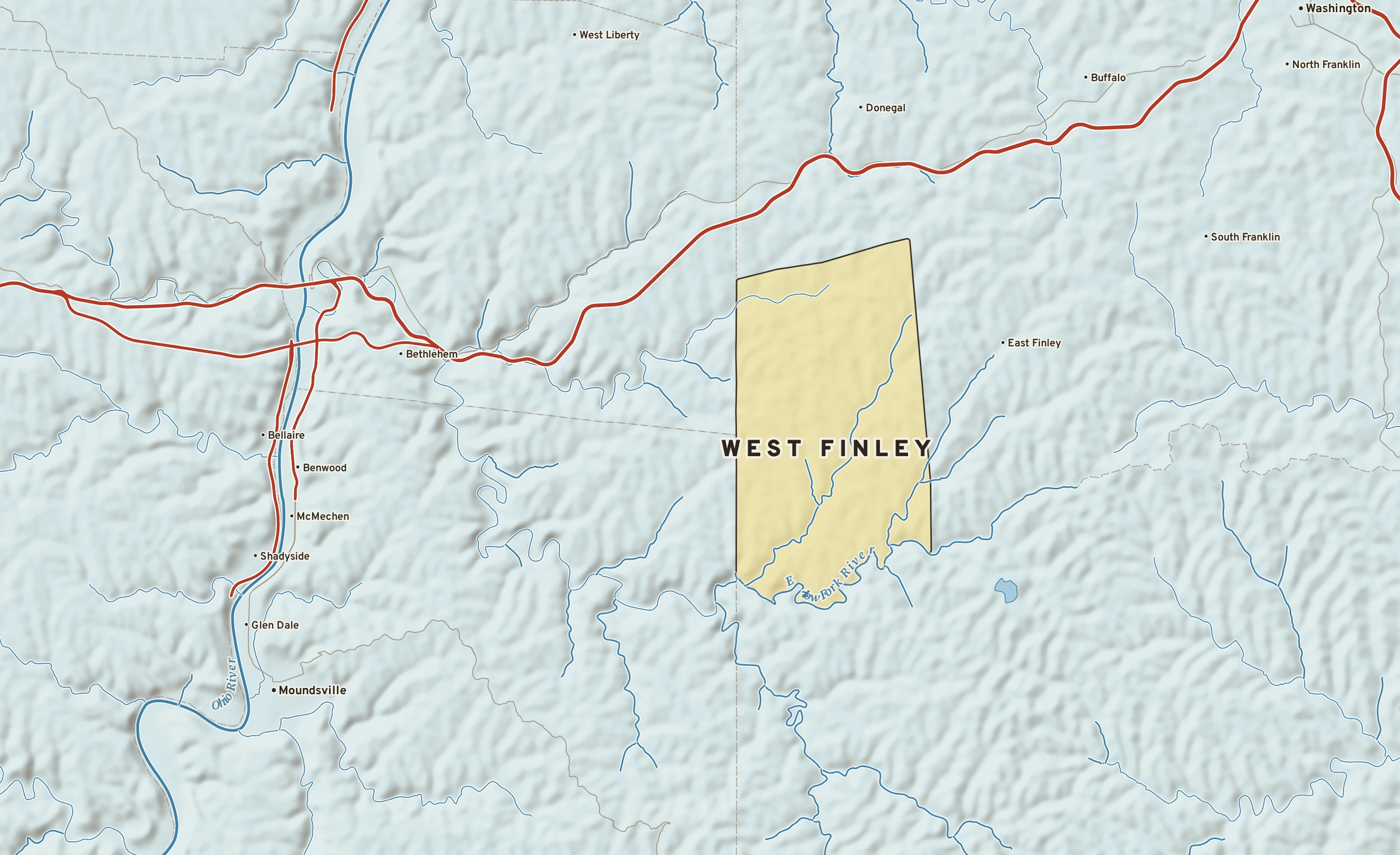 Shaded-relief atlas plate of West Finley, Pennsylvania: rivers, roads, the city limits and where the water drains.