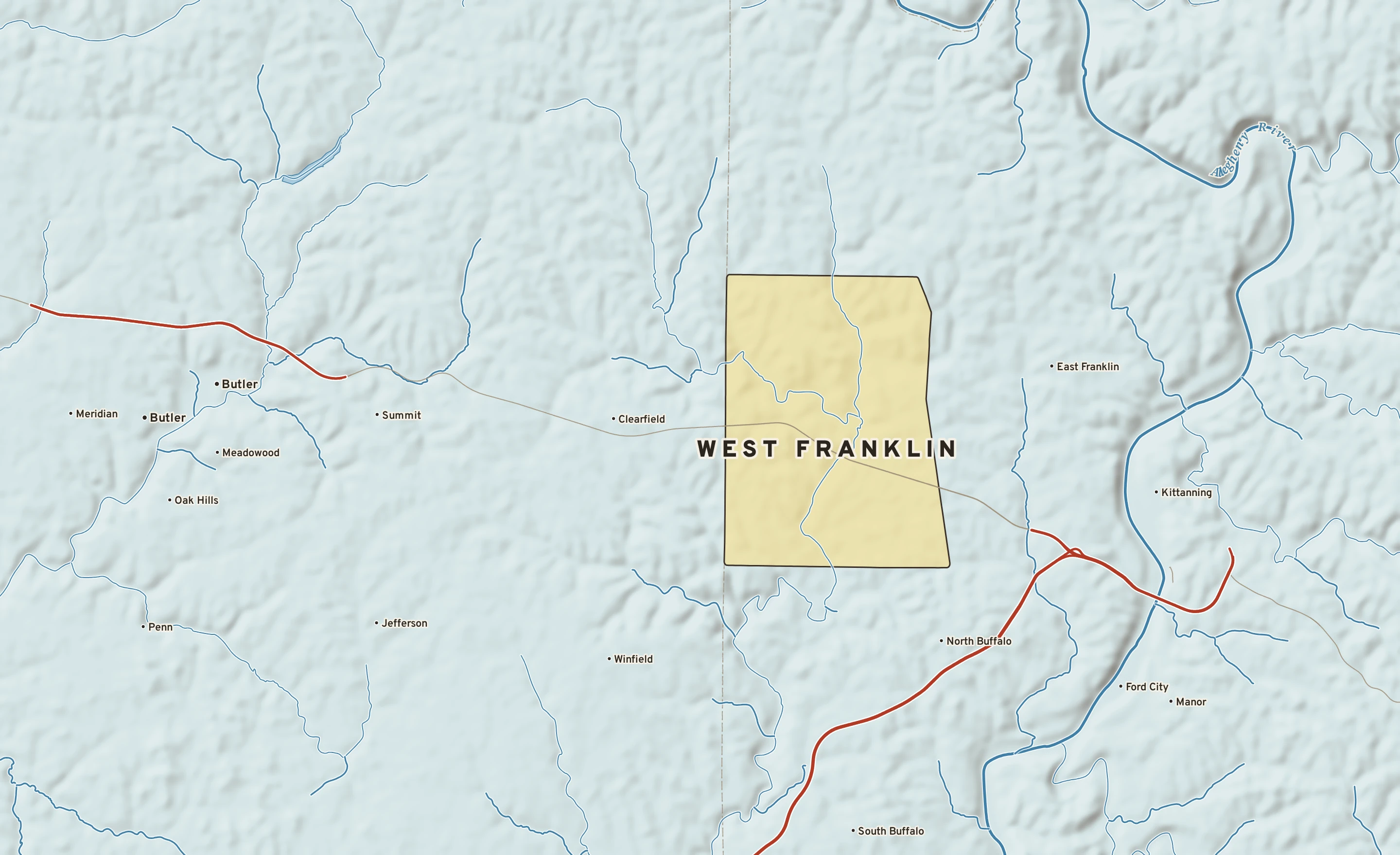 Shaded-relief atlas plate of West Franklin, Pennsylvania: rivers, roads, the city limits and where the water drains.