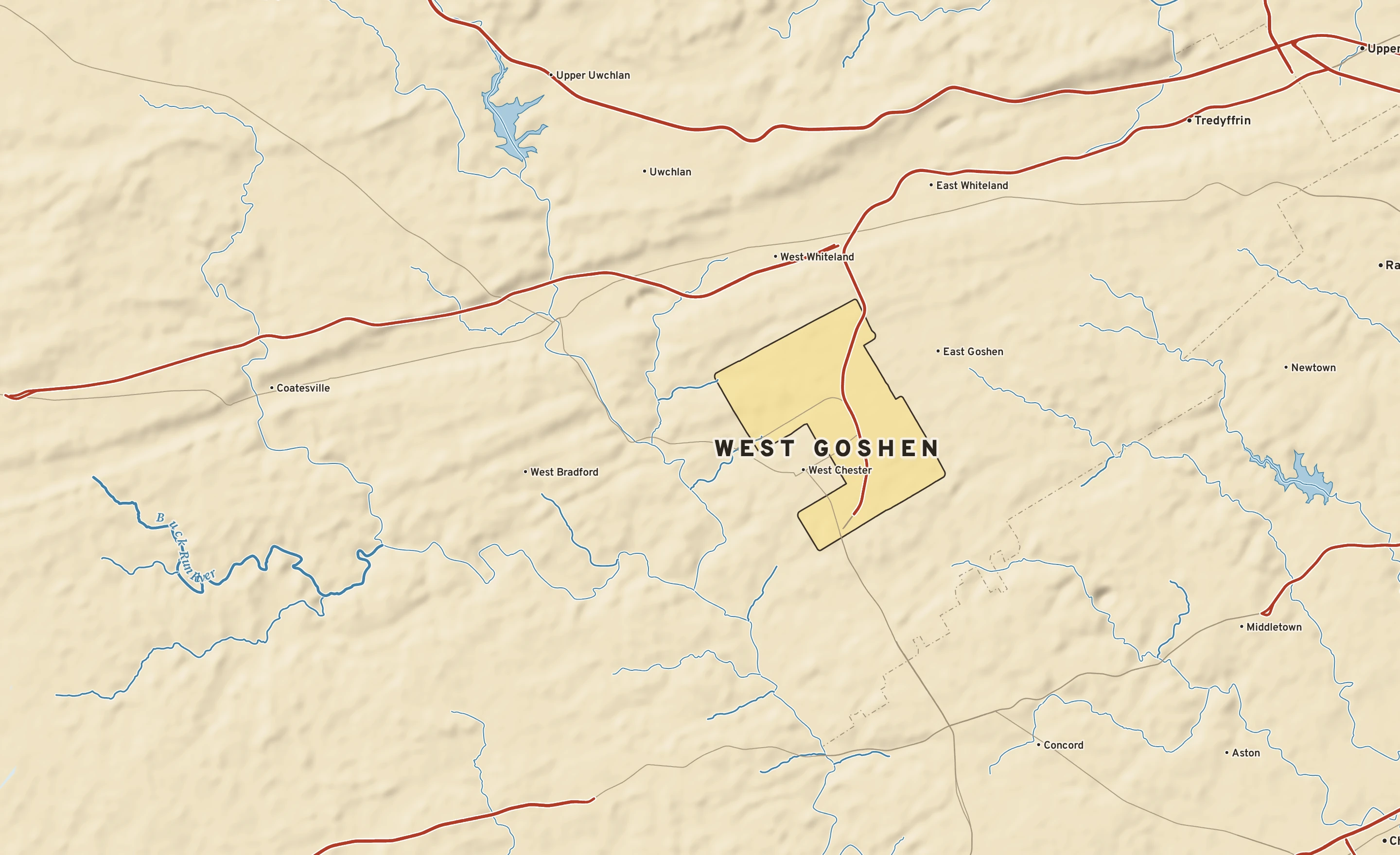 Shaded-relief atlas plate of West Goshen, Pennsylvania: rivers, roads, the city limits and where the water drains.