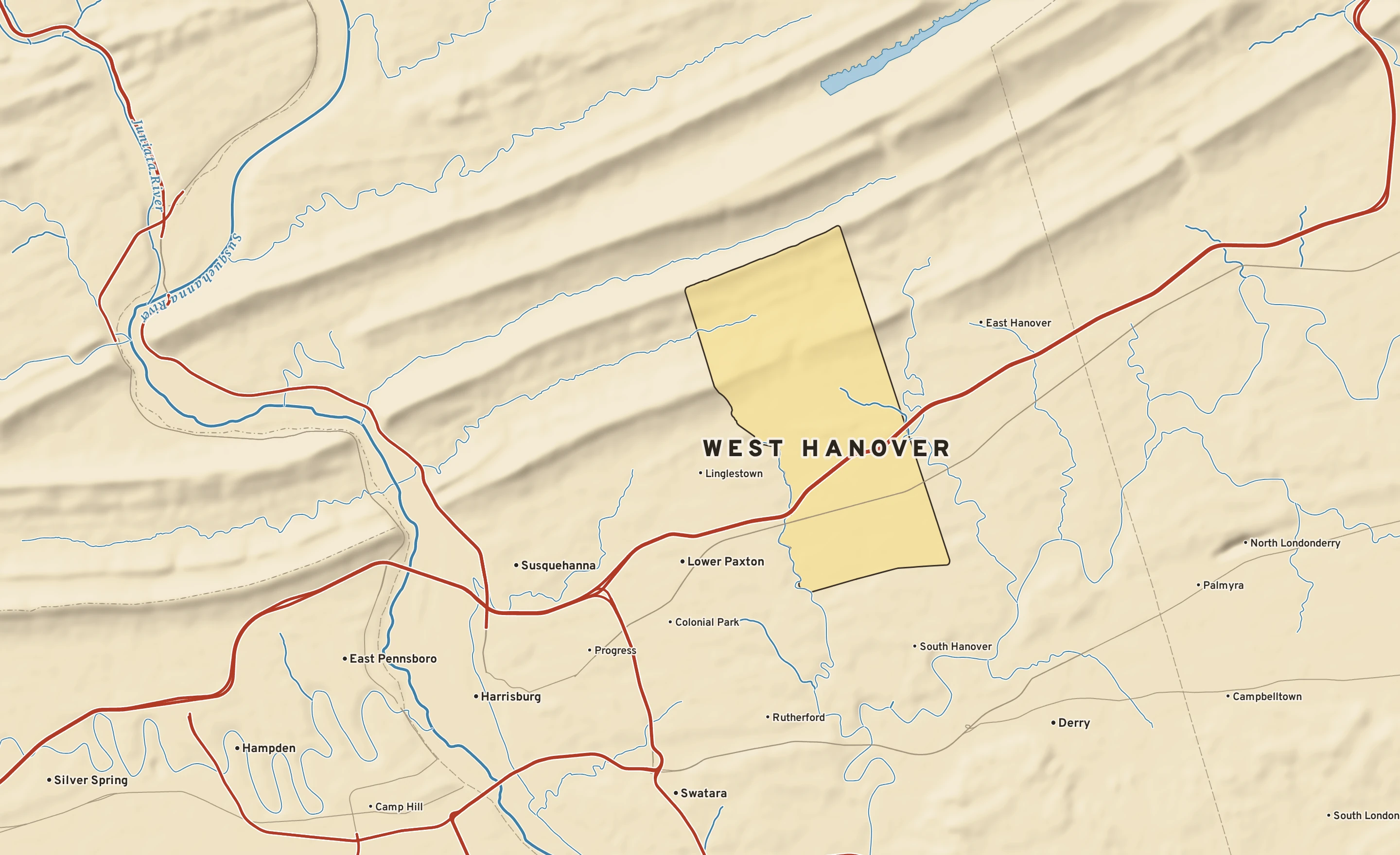 Shaded-relief atlas plate of West Hanover, Pennsylvania: rivers, roads, the city limits and where the water drains.