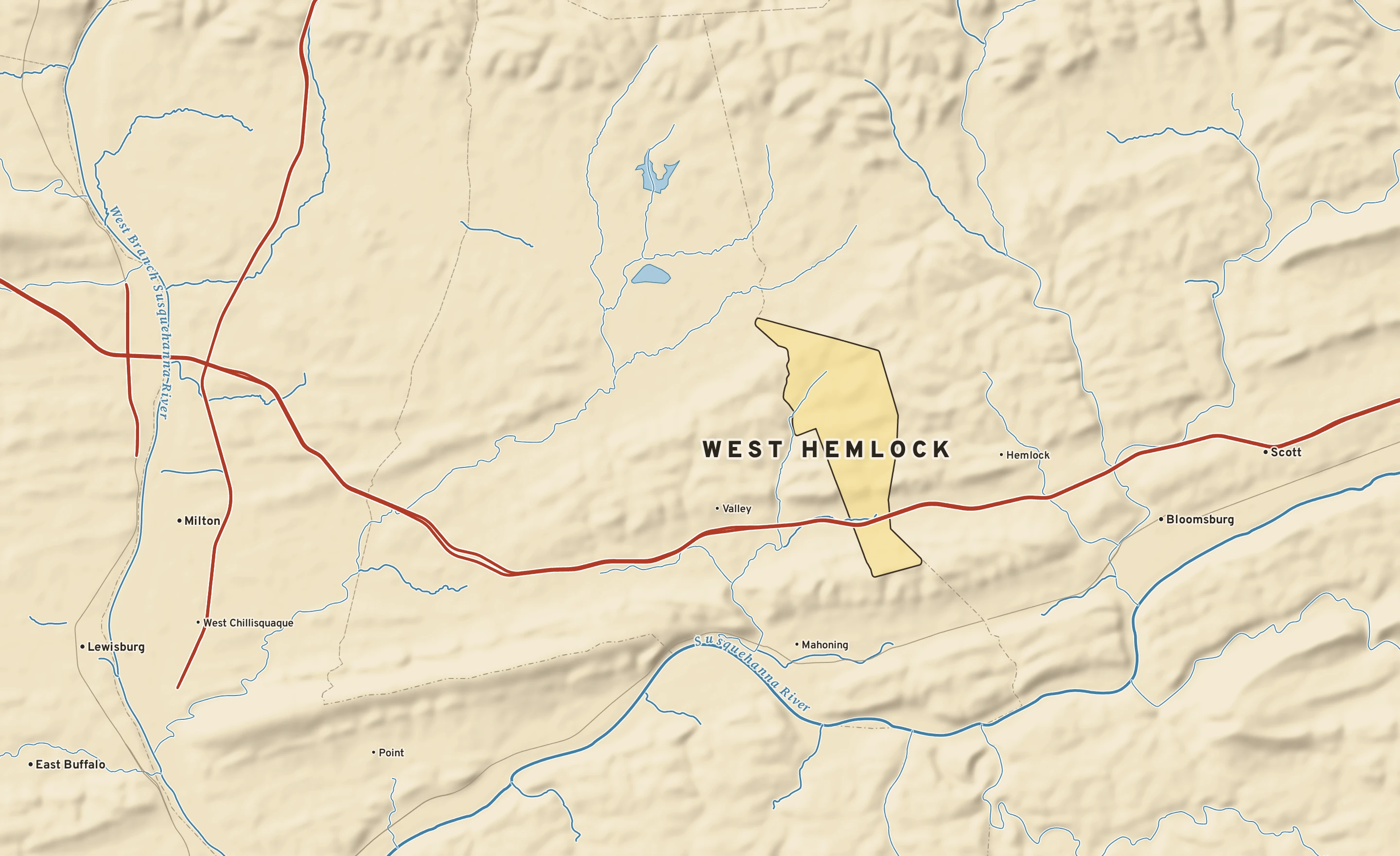 Shaded-relief atlas plate of West Hemlock, Pennsylvania: rivers, roads, the city limits and where the water drains.