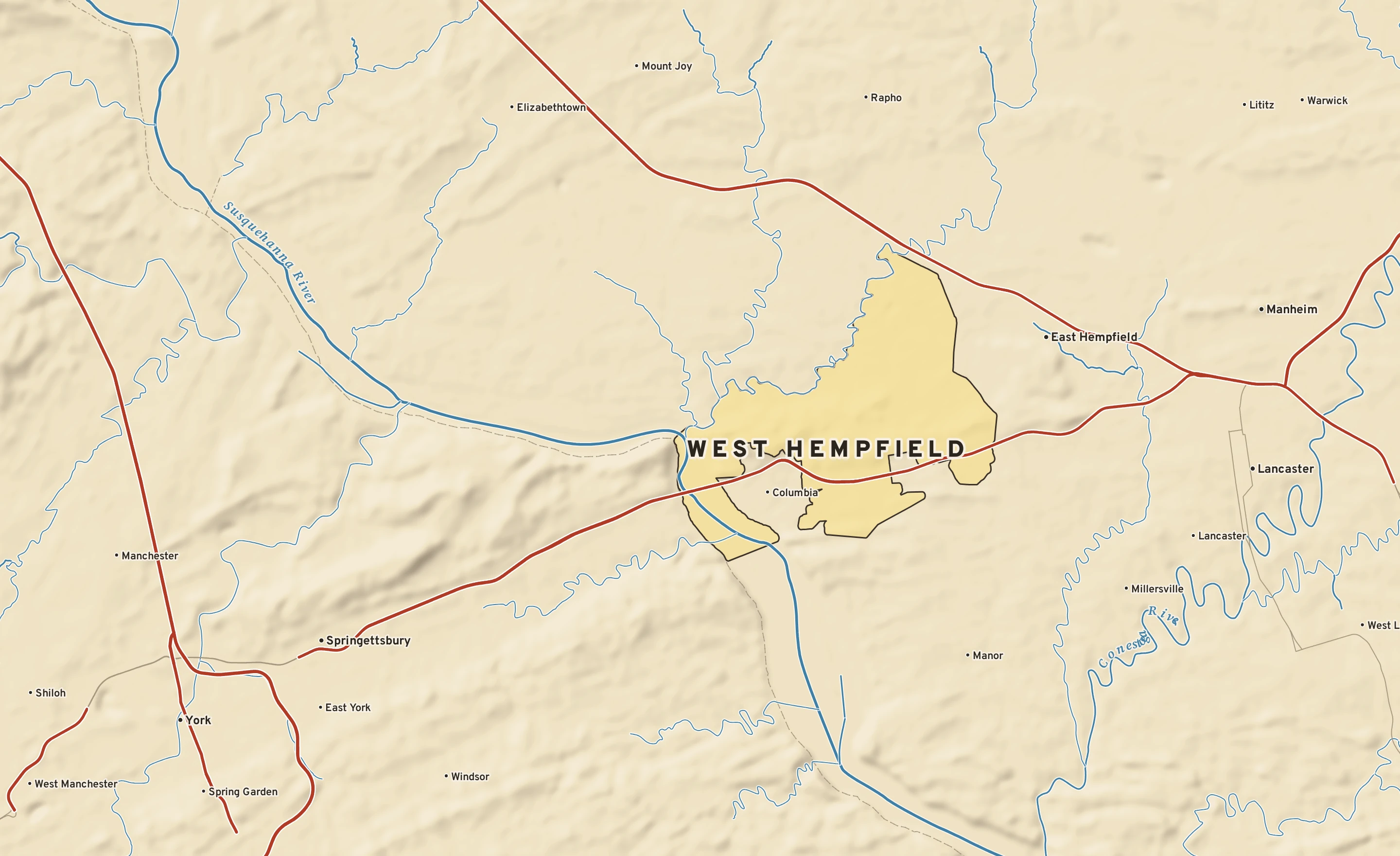 Shaded-relief atlas plate of West Hempfield, Pennsylvania: rivers, roads, the city limits and where the water drains.