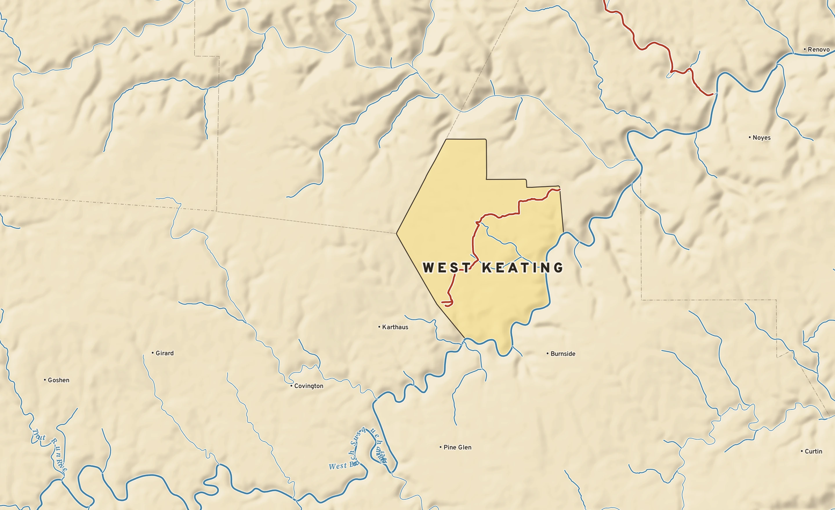 Shaded-relief atlas plate of West Keating, Pennsylvania: rivers, roads, the city limits and where the water drains.