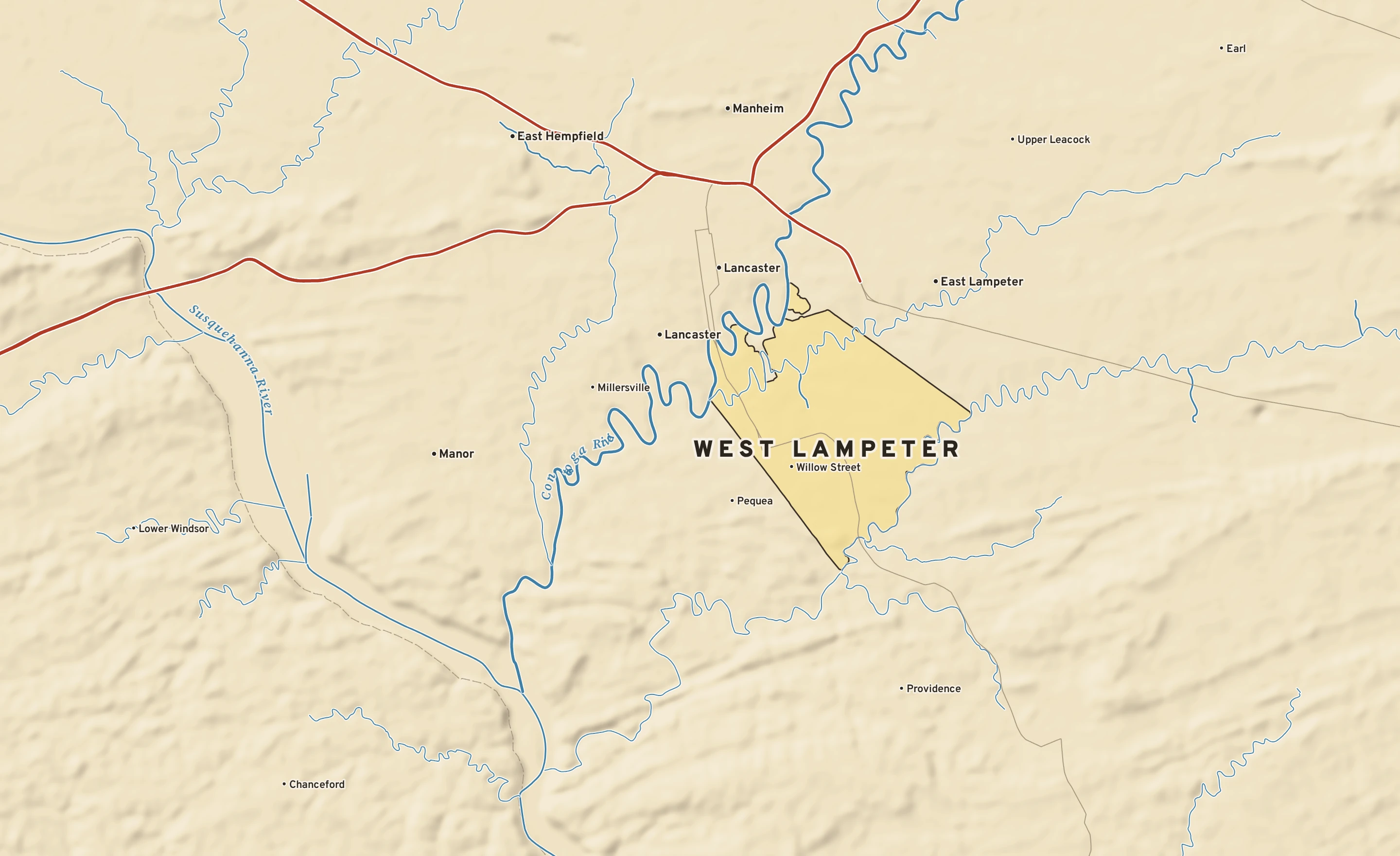 Shaded-relief atlas plate of West Lampeter, Pennsylvania: rivers, roads, the city limits and where the water drains.
