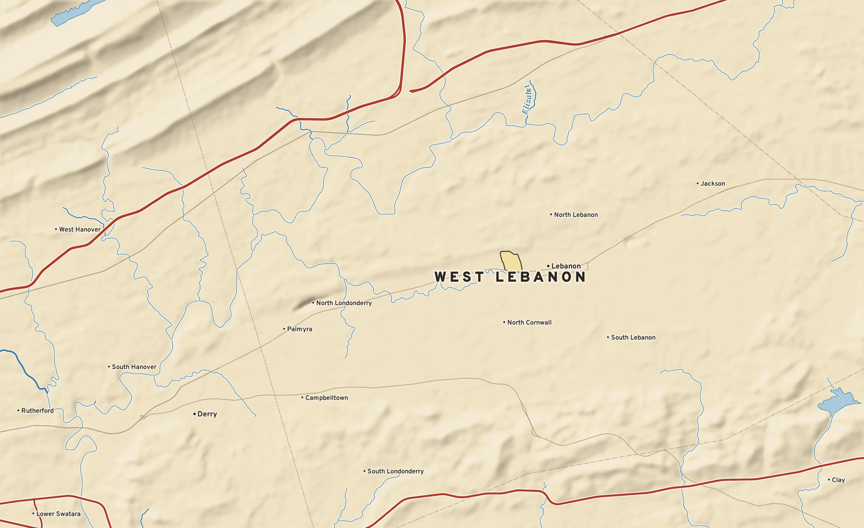 Shaded-relief atlas plate of West Lebanon, Pennsylvania: rivers, roads, the city limits and where the water drains.