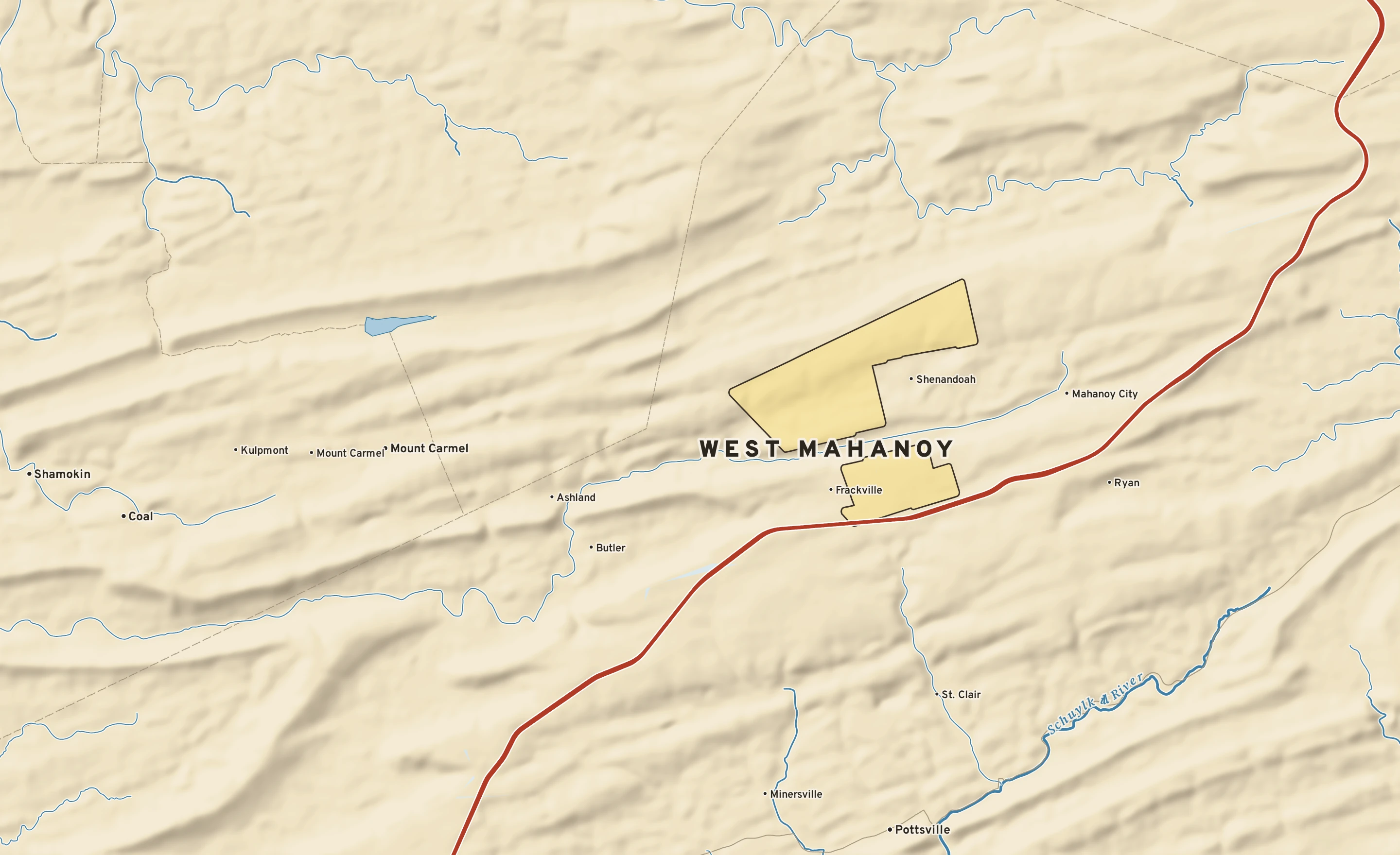 Shaded-relief atlas plate of West Mahanoy, Pennsylvania: rivers, roads, the city limits and where the water drains.