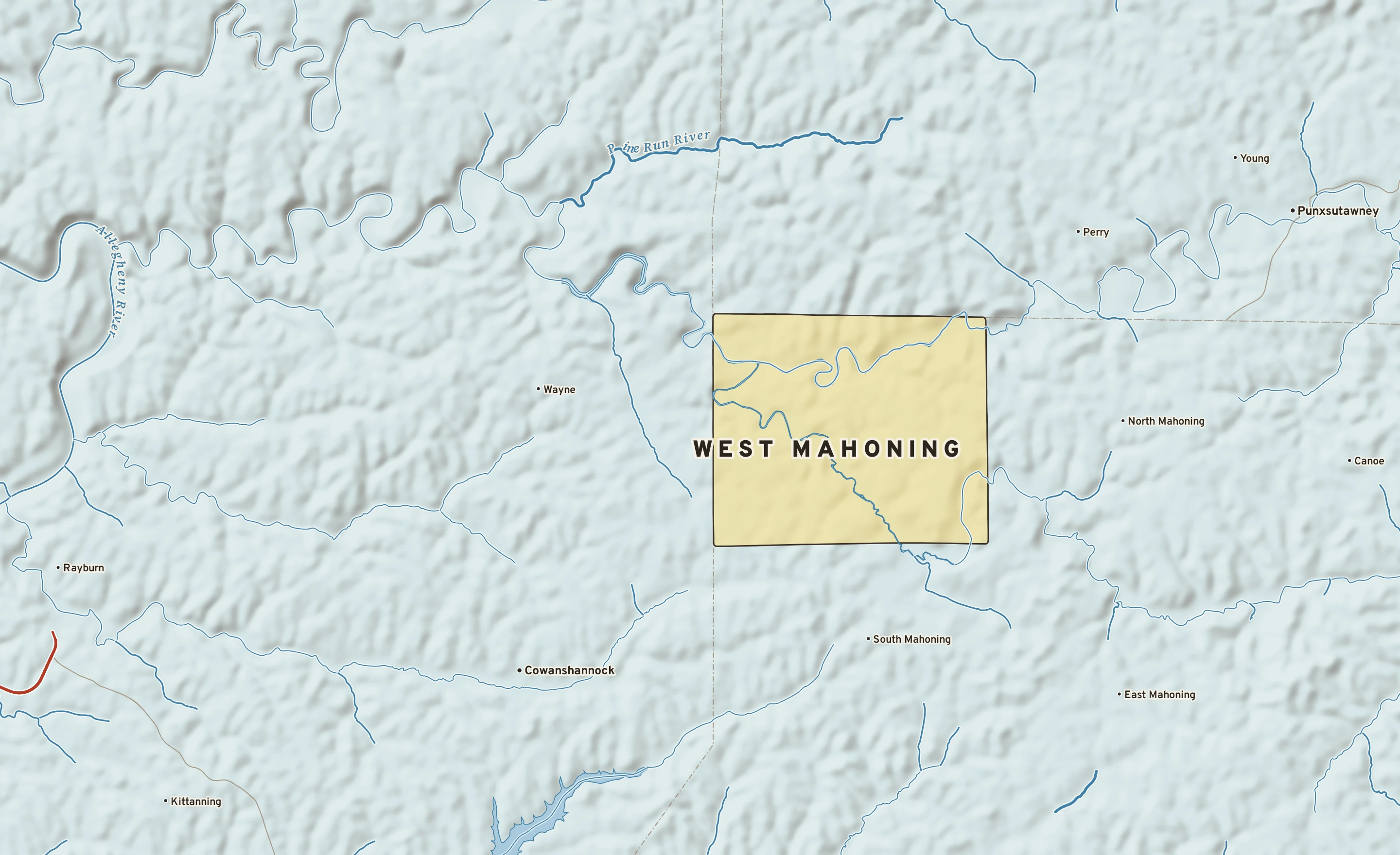 Shaded-relief atlas plate of West Mahoning, Pennsylvania: rivers, roads, the city limits and where the water drains.