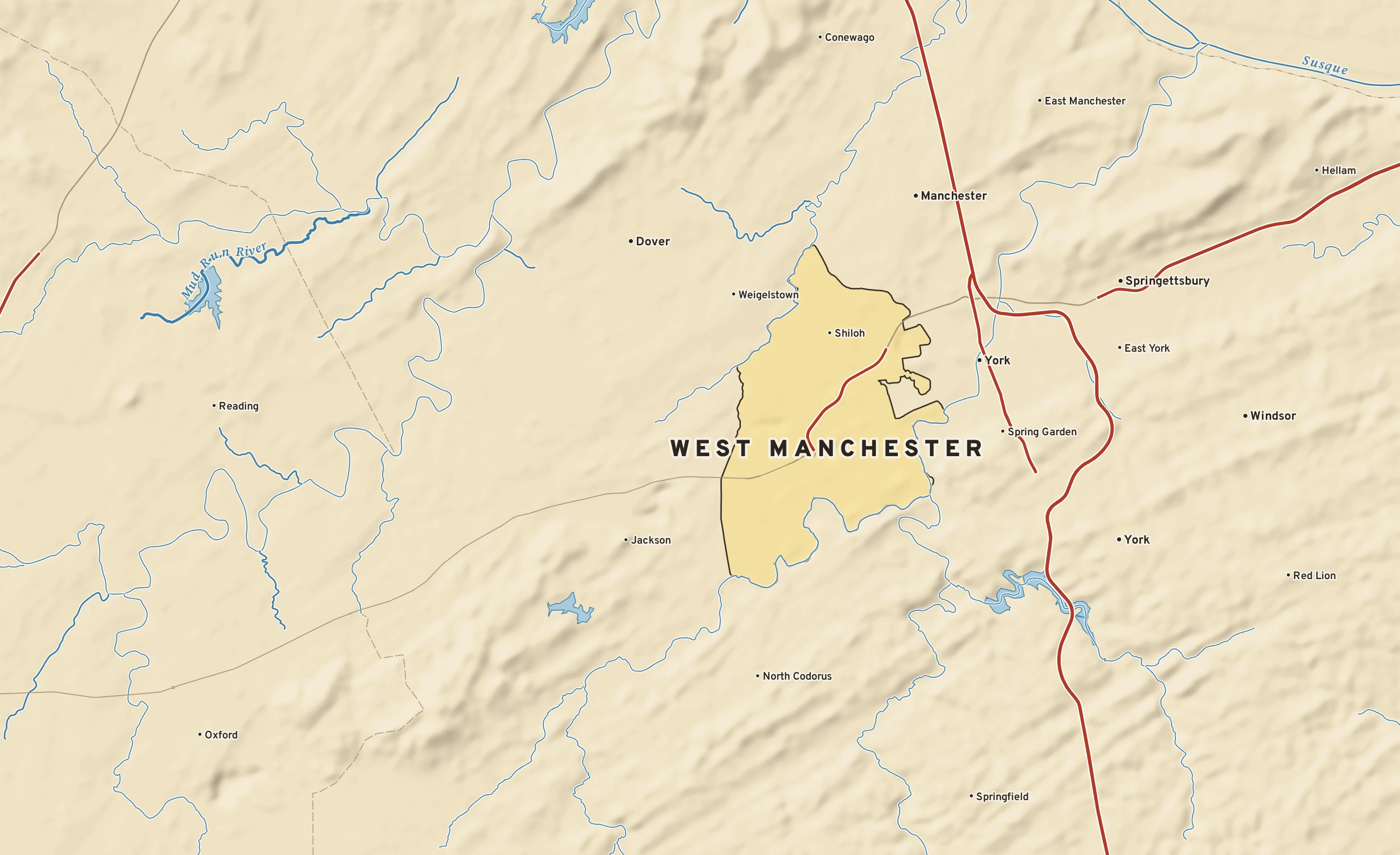 Shaded-relief atlas plate of West Manchester, Pennsylvania: rivers, roads, the city limits and where the water drains.