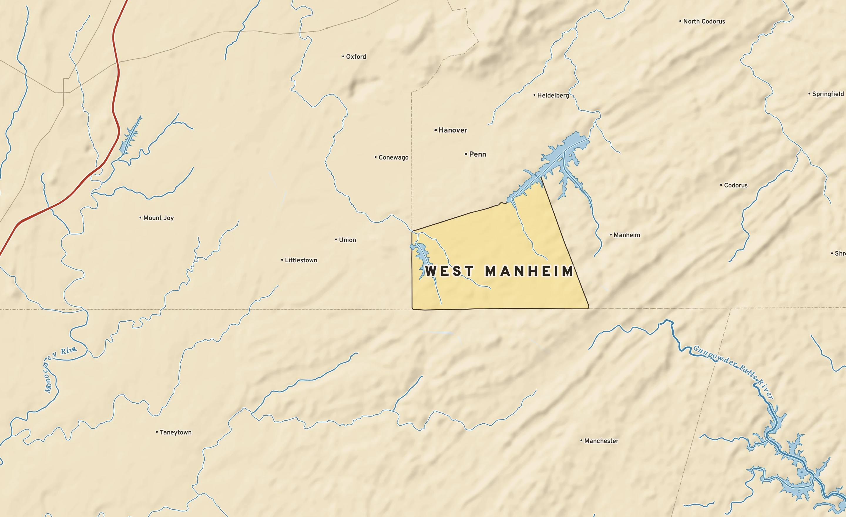 Shaded-relief atlas plate of West Manheim, Pennsylvania: rivers, roads, the city limits and where the water drains.