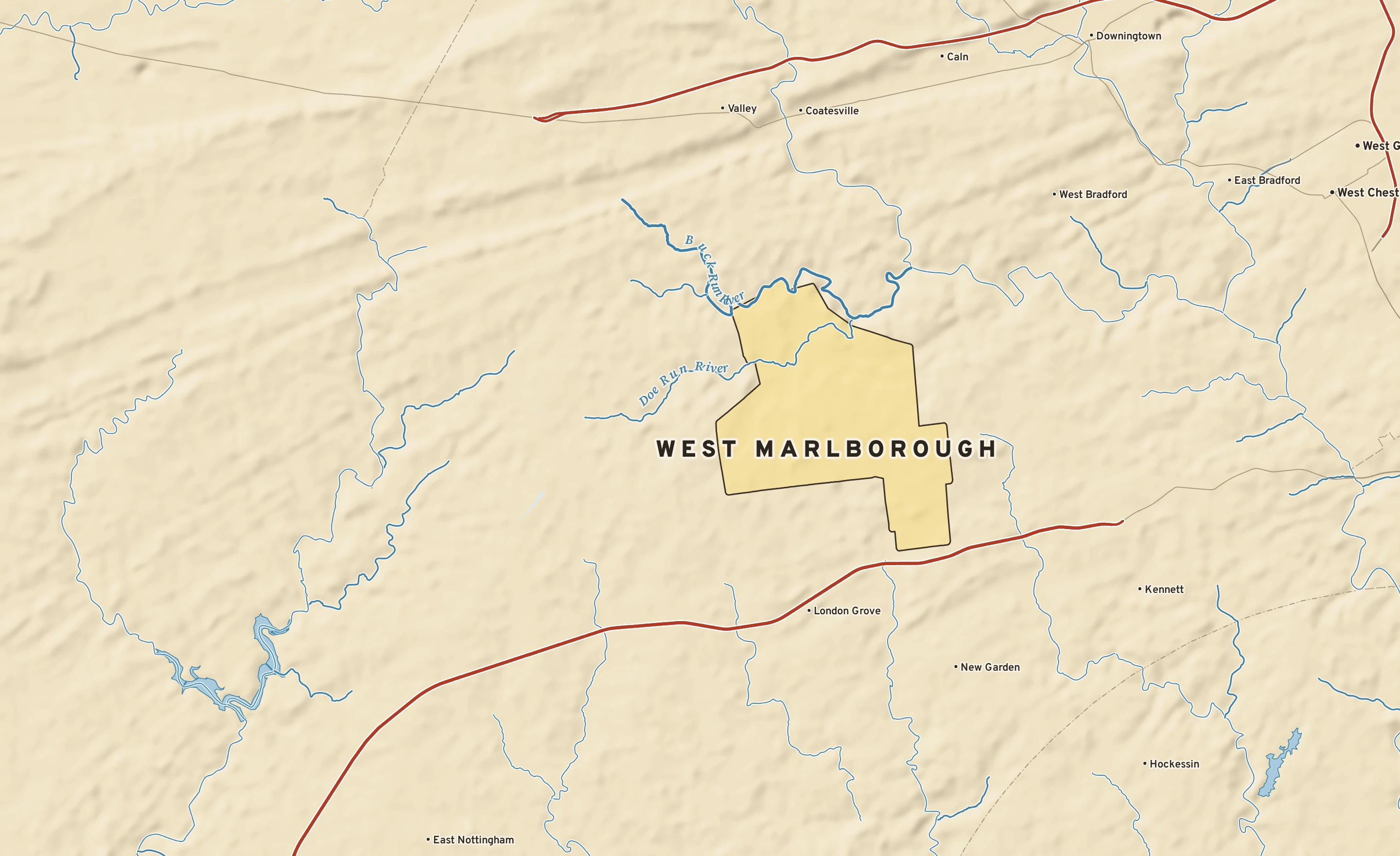 Shaded-relief atlas plate of West Marlborough, Pennsylvania: rivers, roads, the city limits and where the water drains.