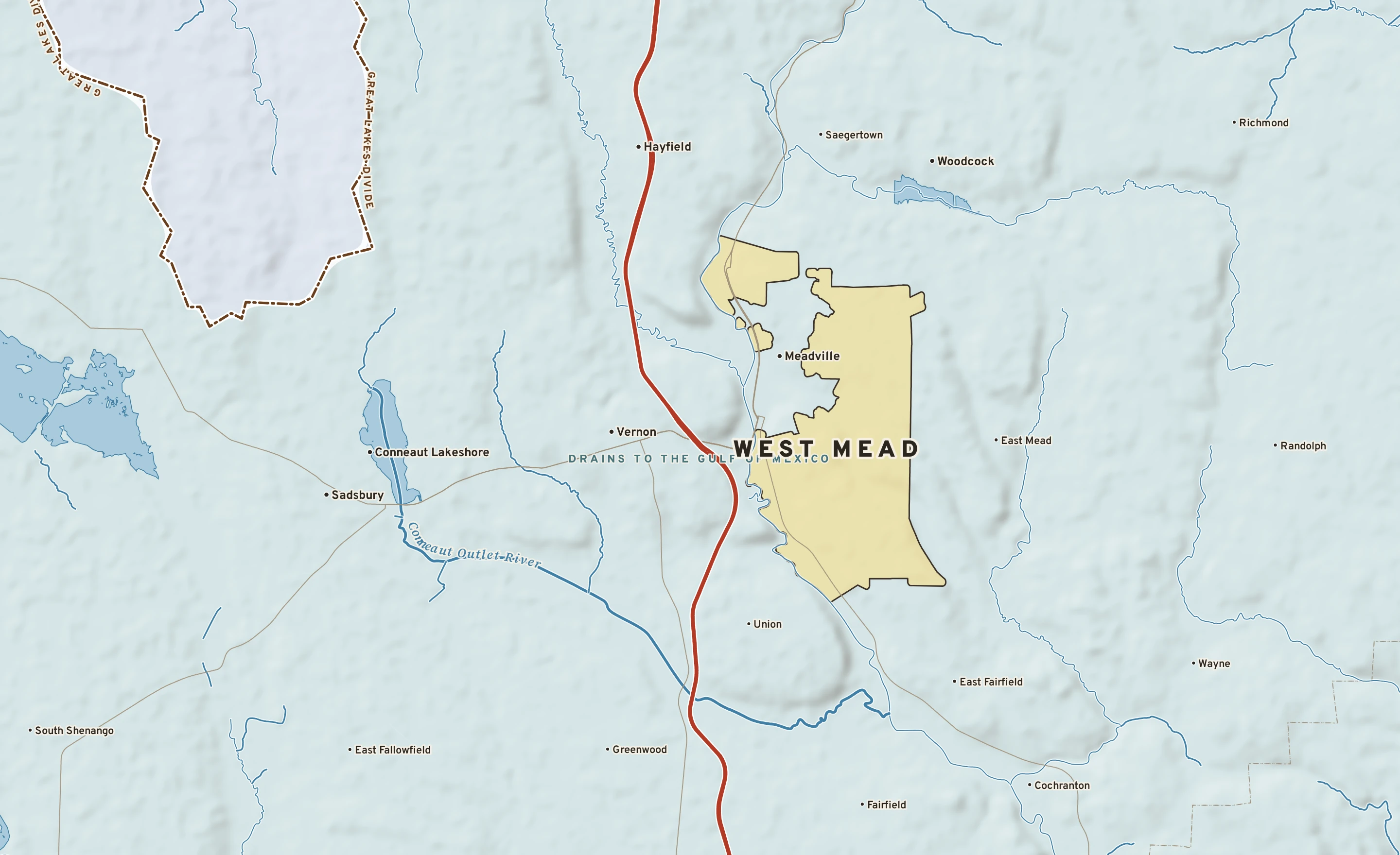 Shaded-relief atlas plate of West Mead, Pennsylvania: rivers, roads, the city limits and where the water drains.