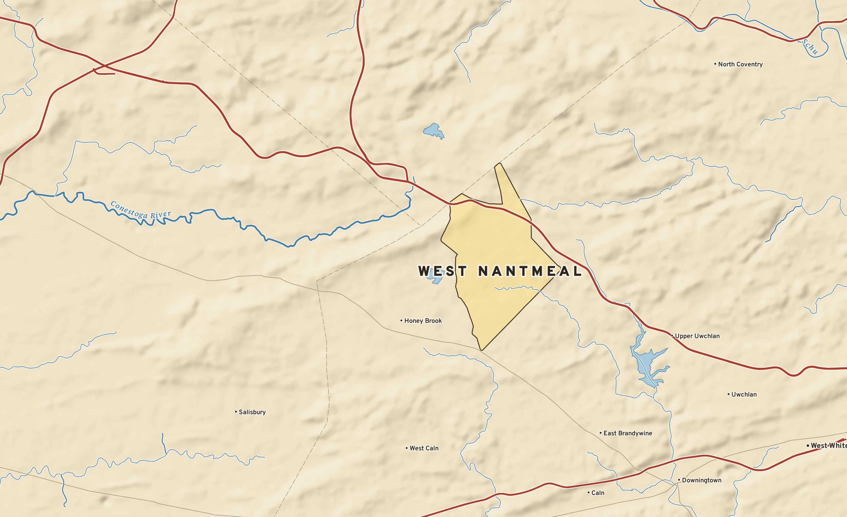 Shaded-relief atlas plate of West Nantmeal, Pennsylvania: rivers, roads, the city limits and where the water drains.