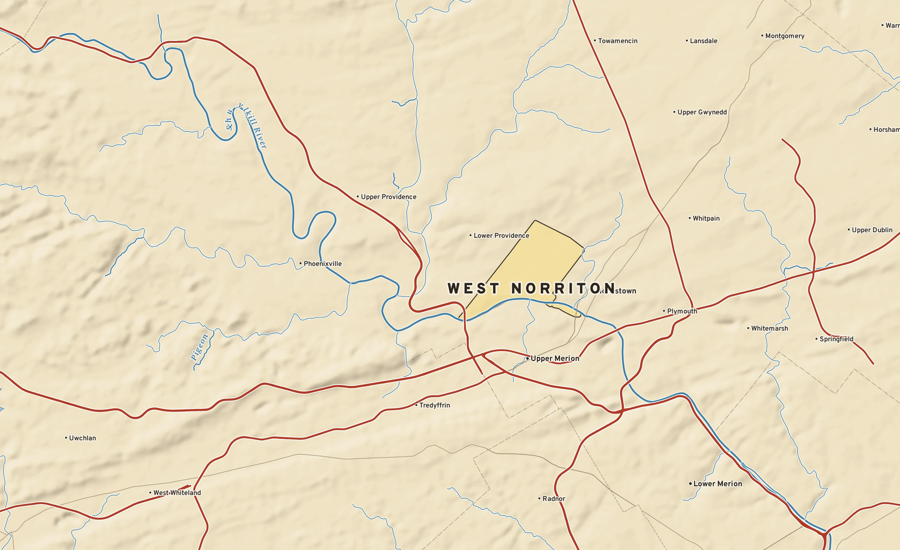 Shaded-relief atlas plate of West Norriton, Pennsylvania: rivers, roads, the city limits and where the water drains.