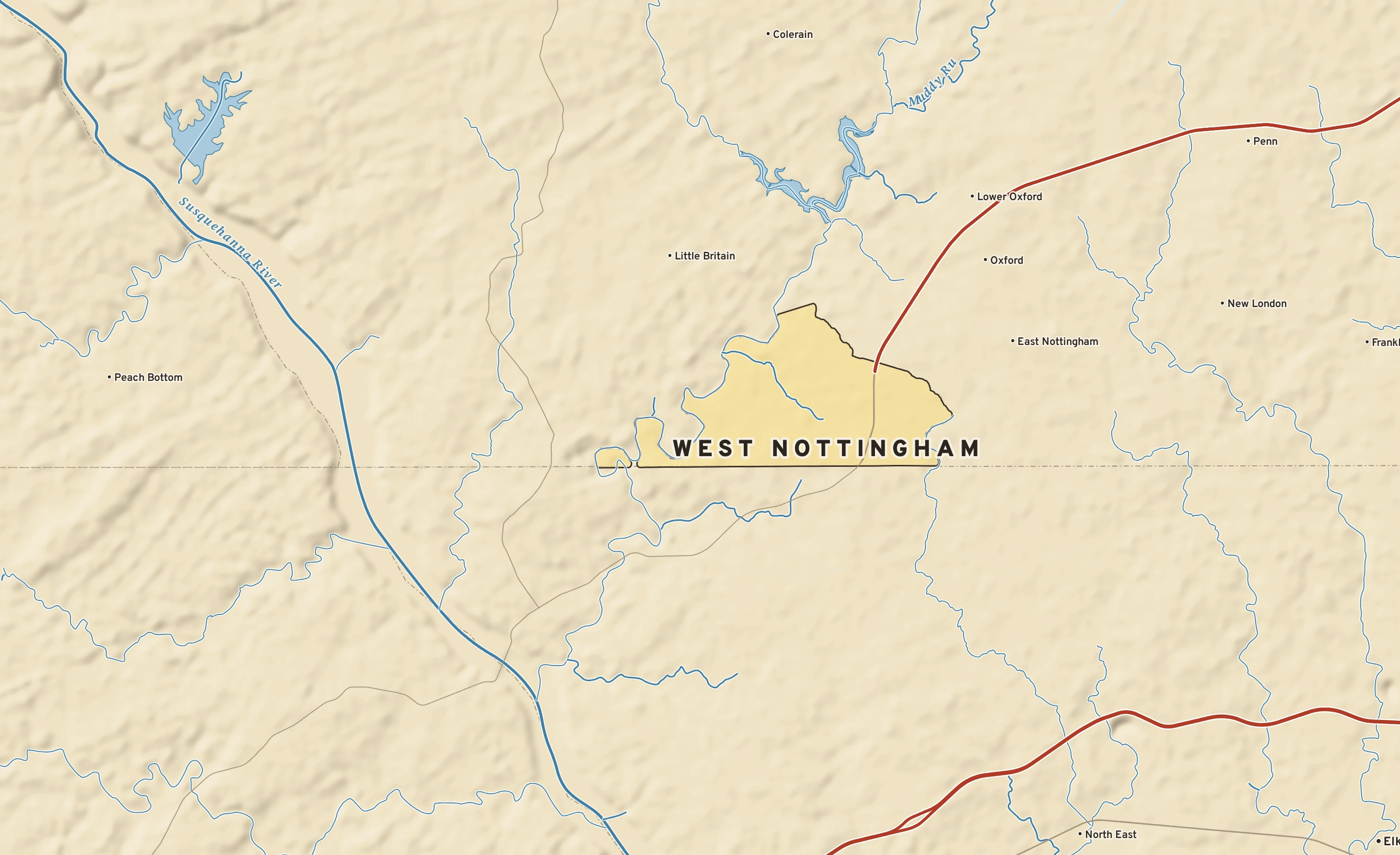 Shaded-relief atlas plate of West Nottingham, Pennsylvania: rivers, roads, the city limits and where the water drains.
