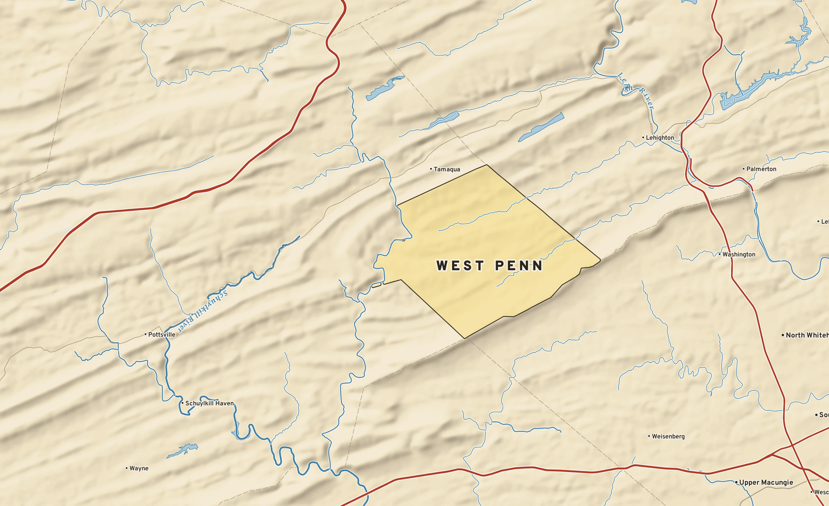 Shaded-relief atlas plate of West Penn, Pennsylvania: rivers, roads, the city limits and where the water drains.