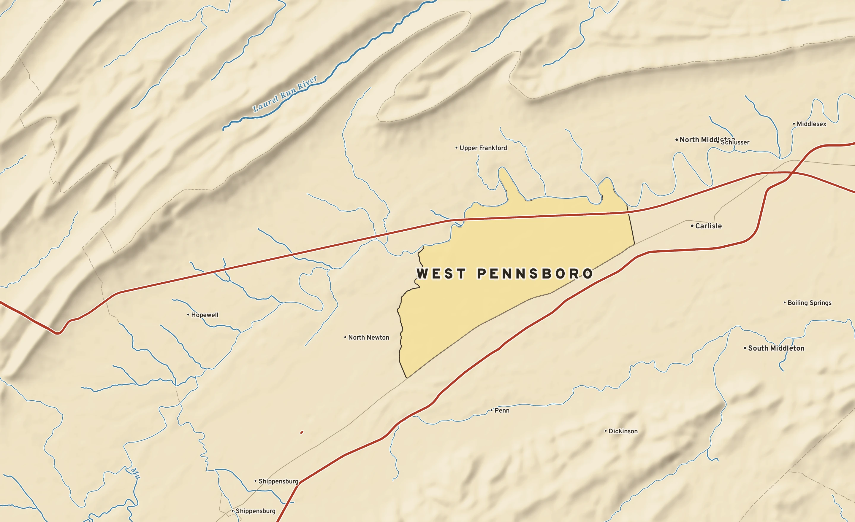 Shaded-relief atlas plate of West Pennsboro, Pennsylvania: rivers, roads, the city limits and where the water drains.