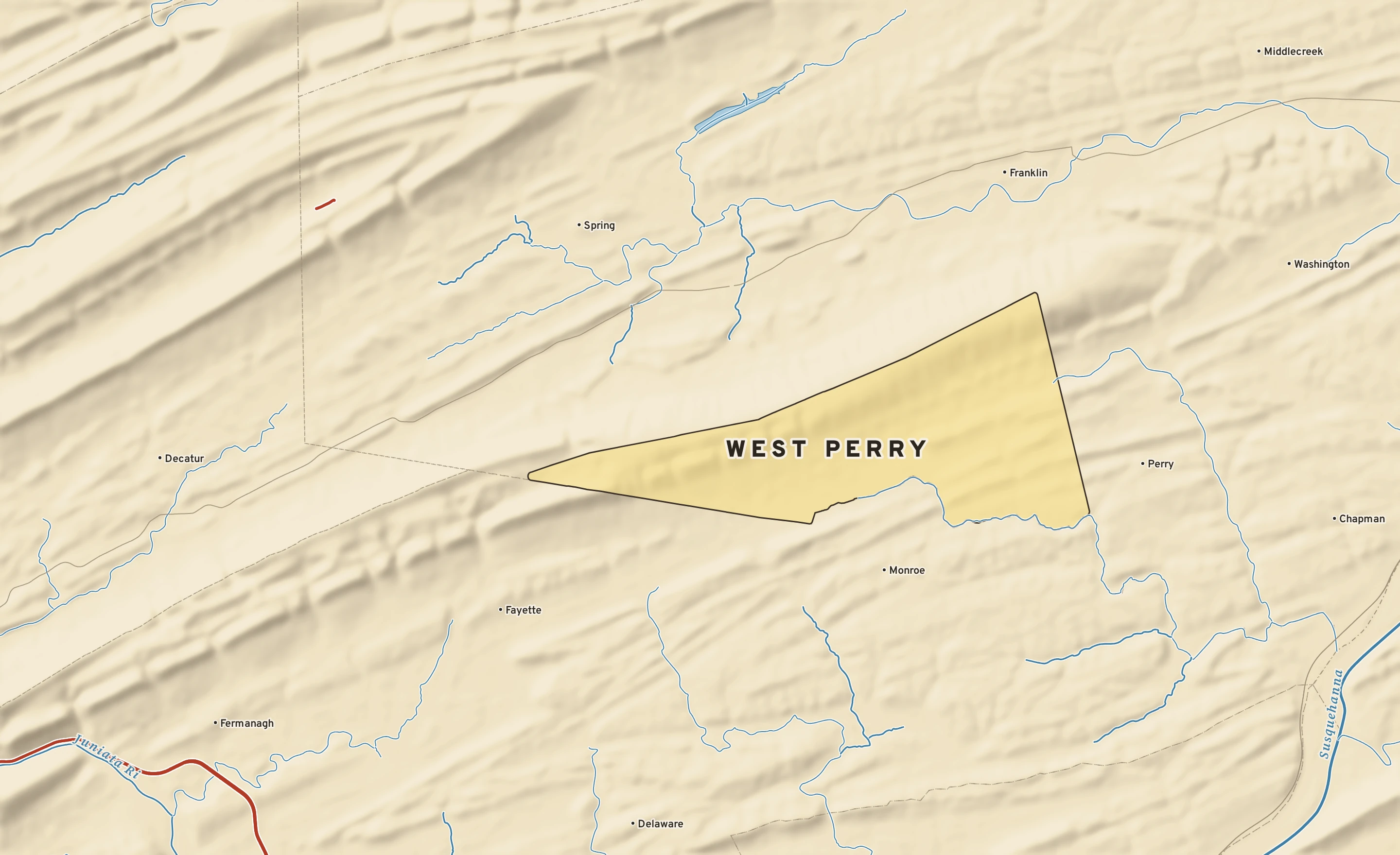 Shaded-relief atlas plate of West Perry, Pennsylvania: rivers, roads, the city limits and where the water drains.