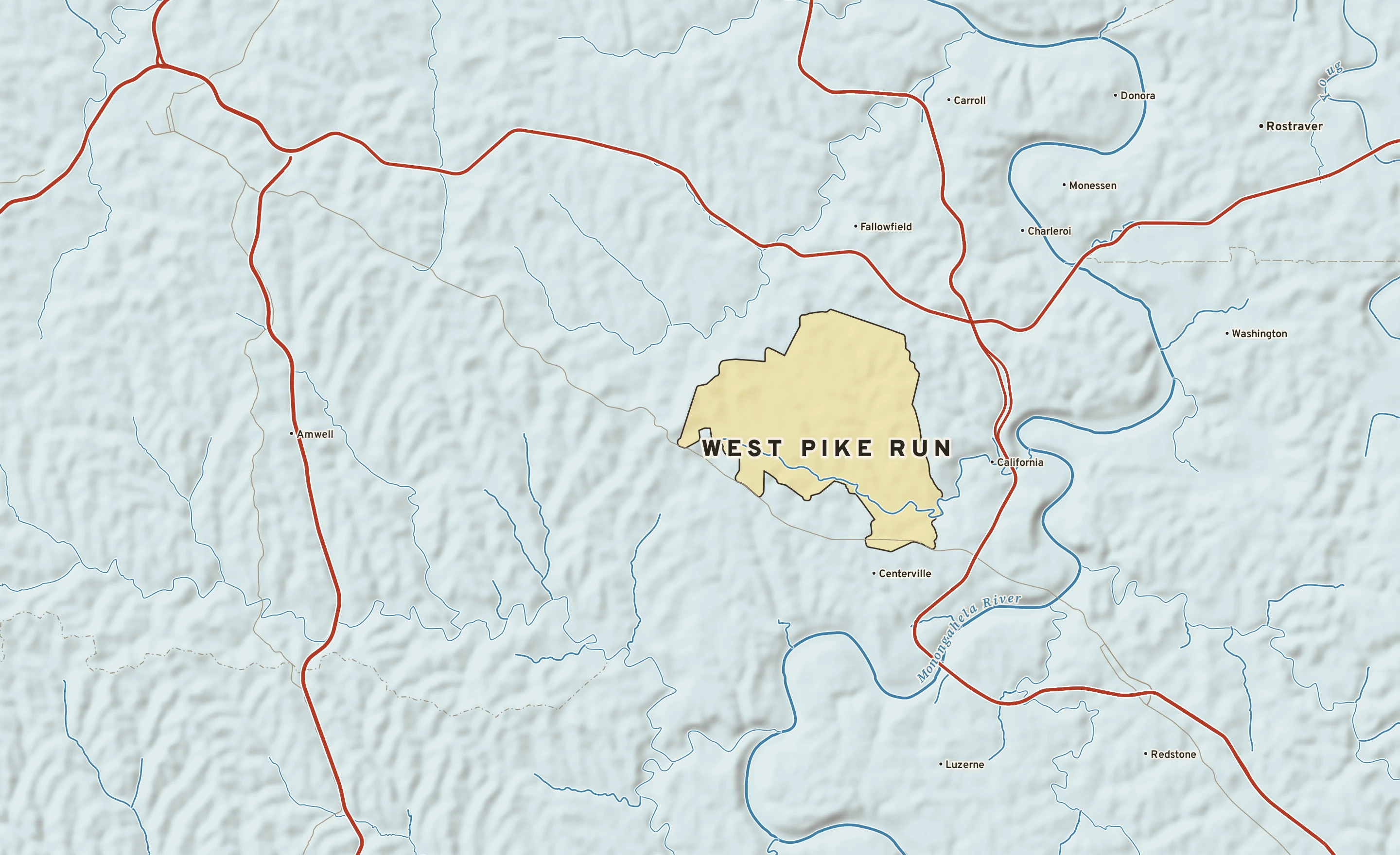Shaded-relief atlas plate of West Pike Run, Pennsylvania: rivers, roads, the city limits and where the water drains.