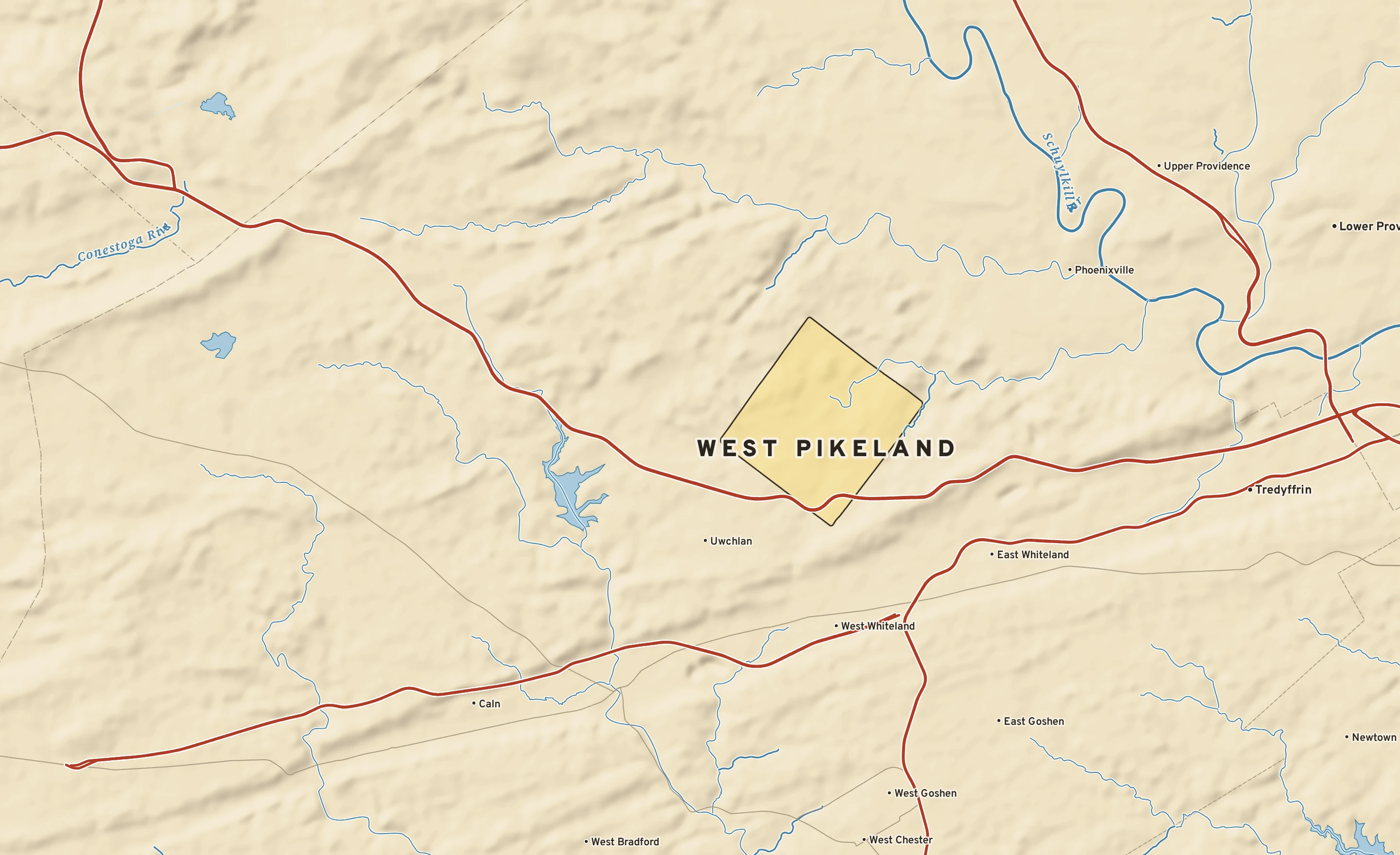 Shaded-relief atlas plate of West Pikeland, Pennsylvania: rivers, roads, the city limits and where the water drains.