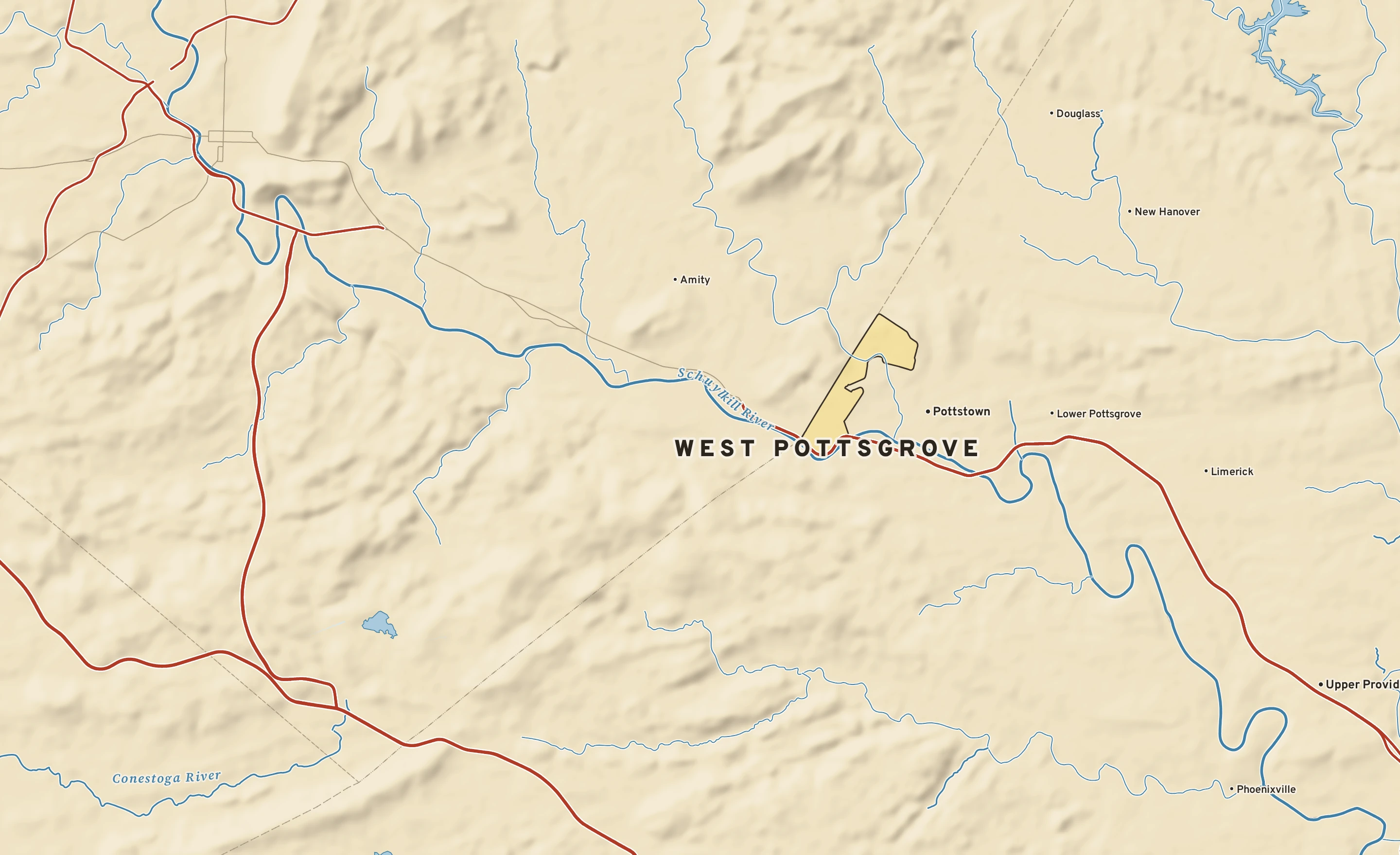 Shaded-relief atlas plate of West Pottsgrove, Pennsylvania: rivers, roads, the city limits and where the water drains.