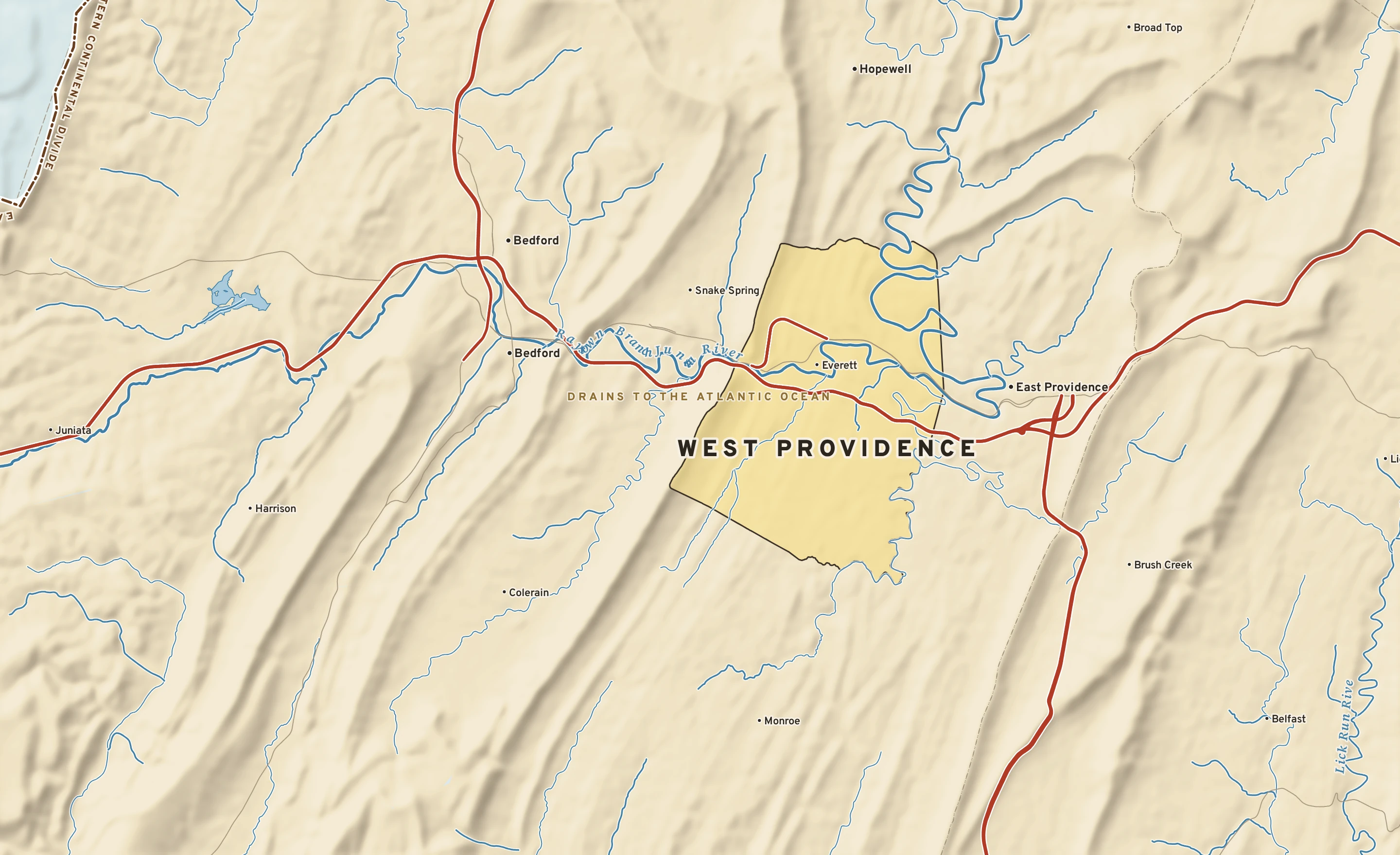 Shaded-relief atlas plate of West Providence, Pennsylvania: rivers, roads, the city limits and where the water drains.