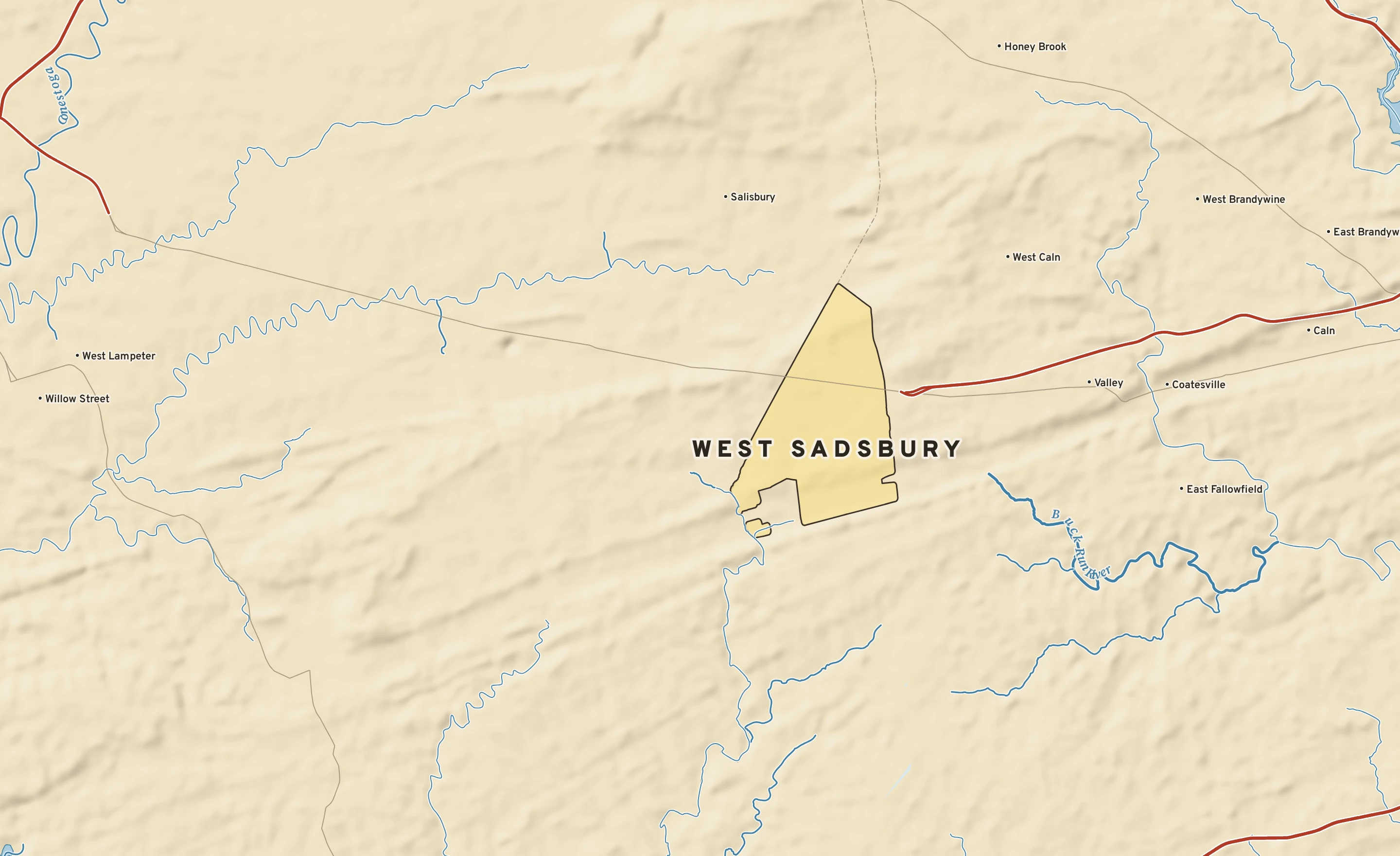 Shaded-relief atlas plate of West Sadsbury, Pennsylvania: rivers, roads, the city limits and where the water drains.