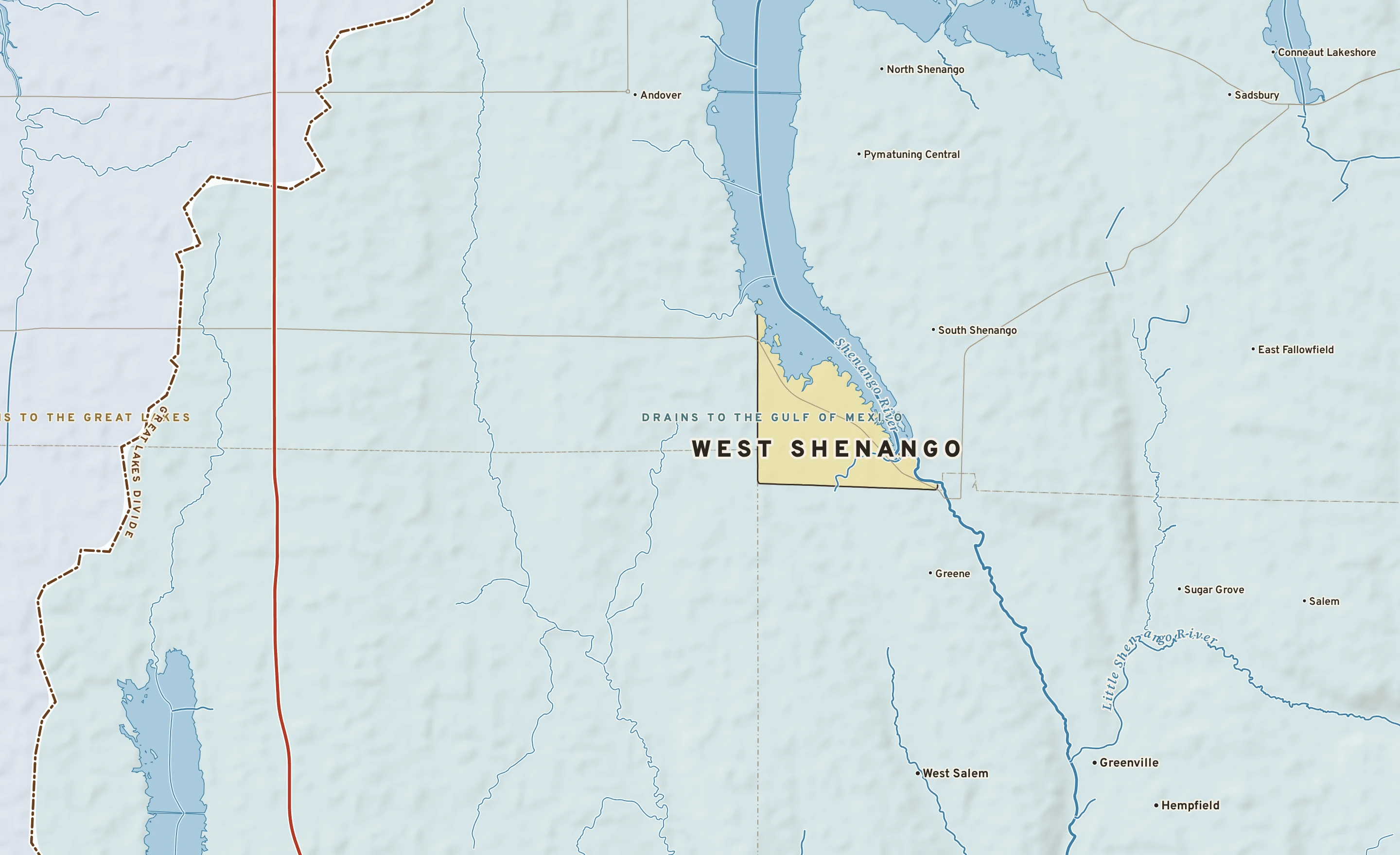 Shaded-relief atlas plate of West Shenango, Pennsylvania: rivers, roads, the city limits and where the water drains.
