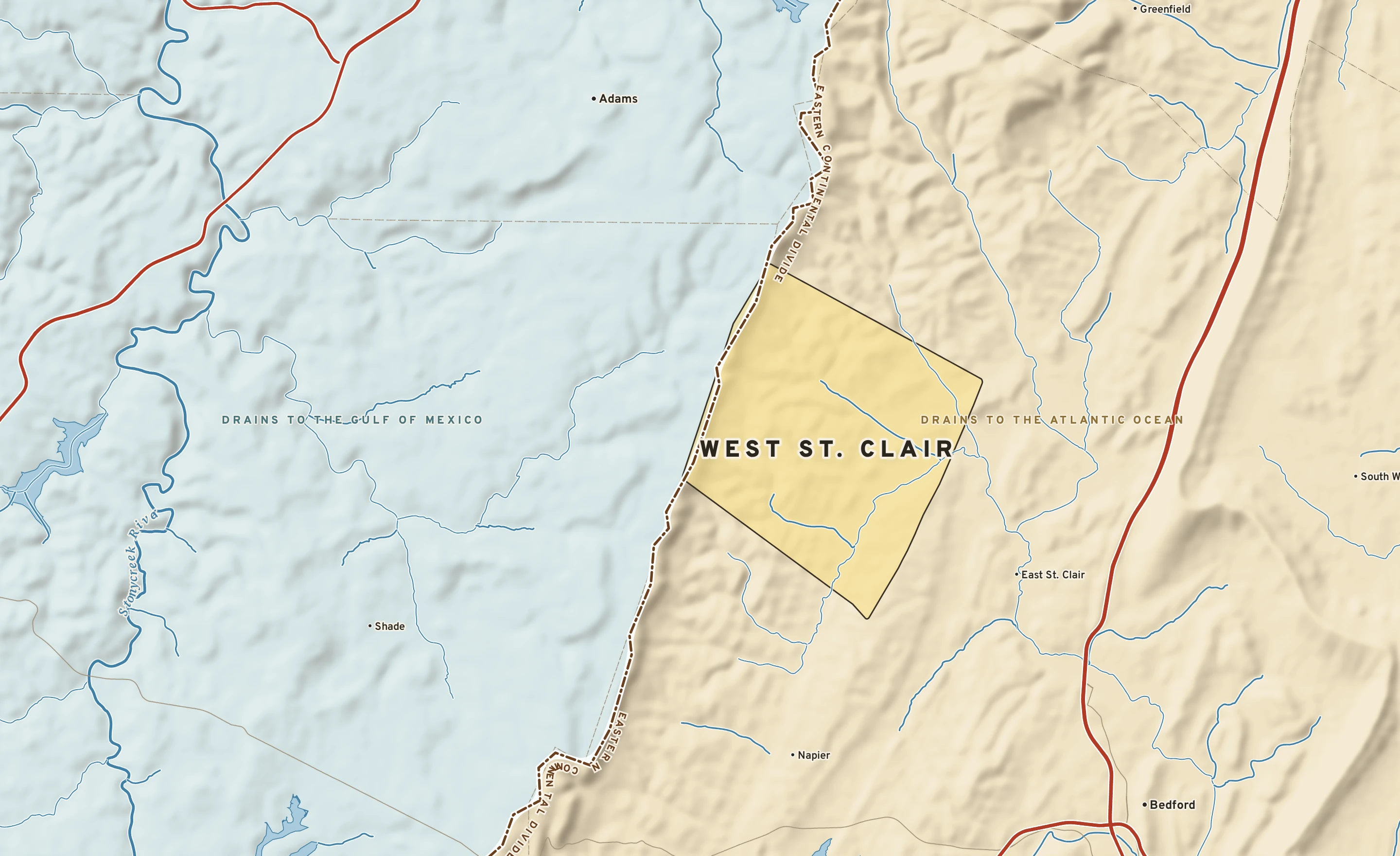 Shaded-relief atlas plate of West St. Clair, Pennsylvania: rivers, roads, the city limits and where the water drains.